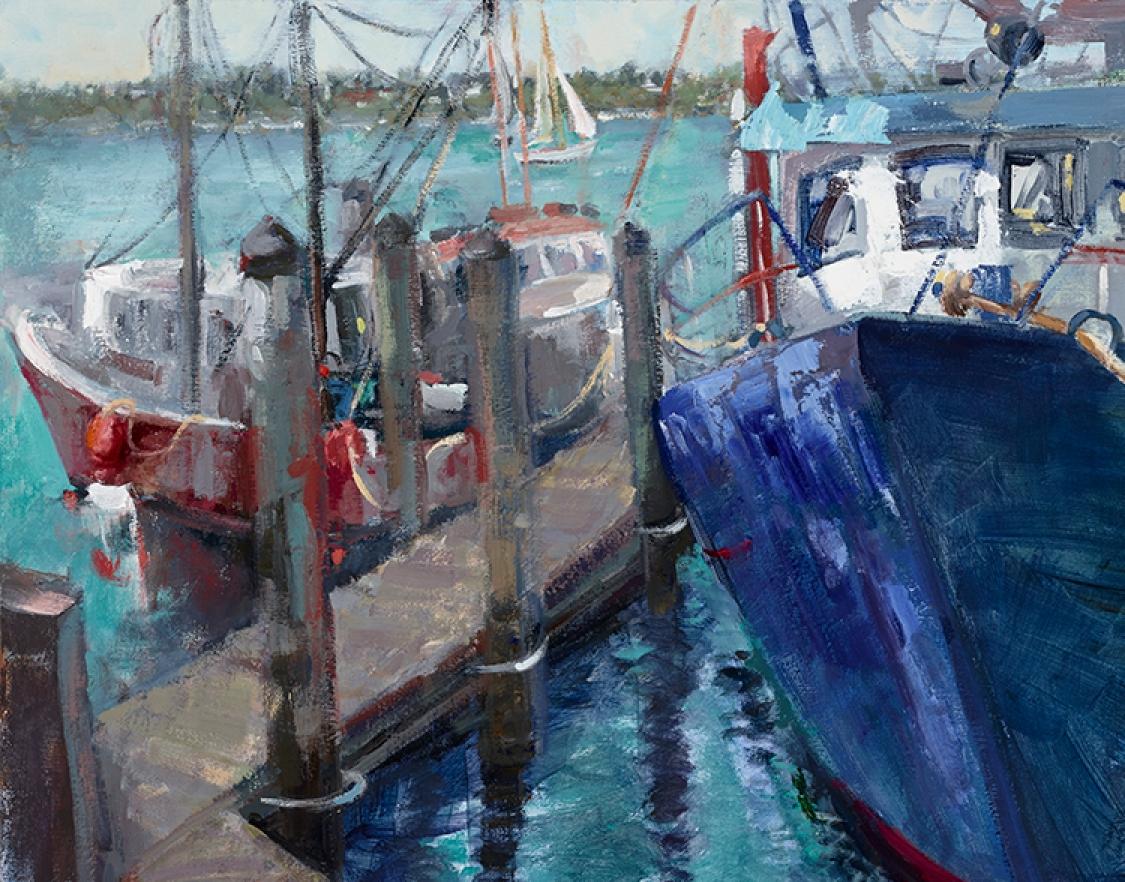 Docked, oil painting, Award of Excellence,  San Francisco Harbor, Ocean, framed - Impressionist Painting by Paulette Lee