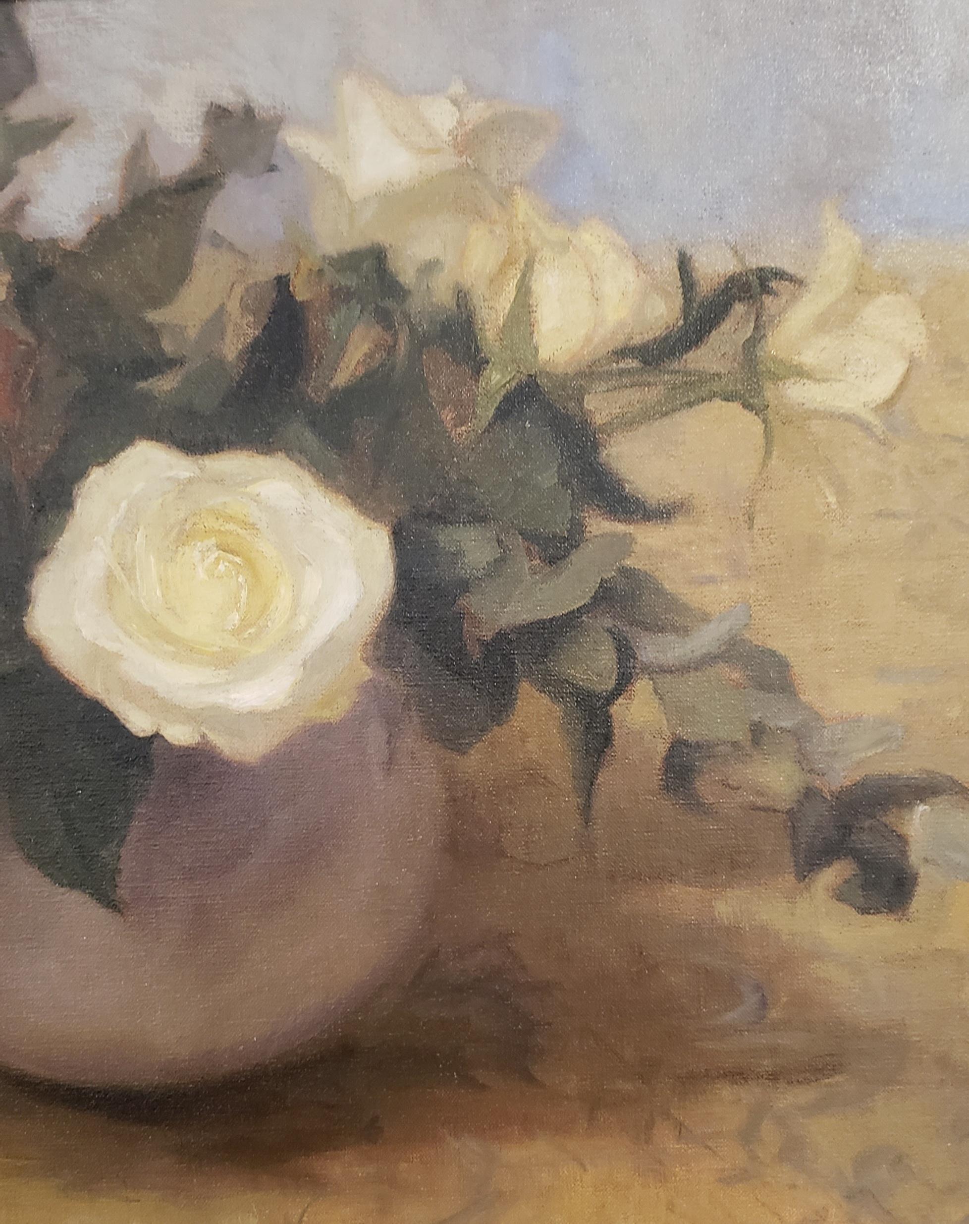  White Roses, oil painting on linen,  Style of Realism, Florence, framed - Painting by Melissa F. Sanchez