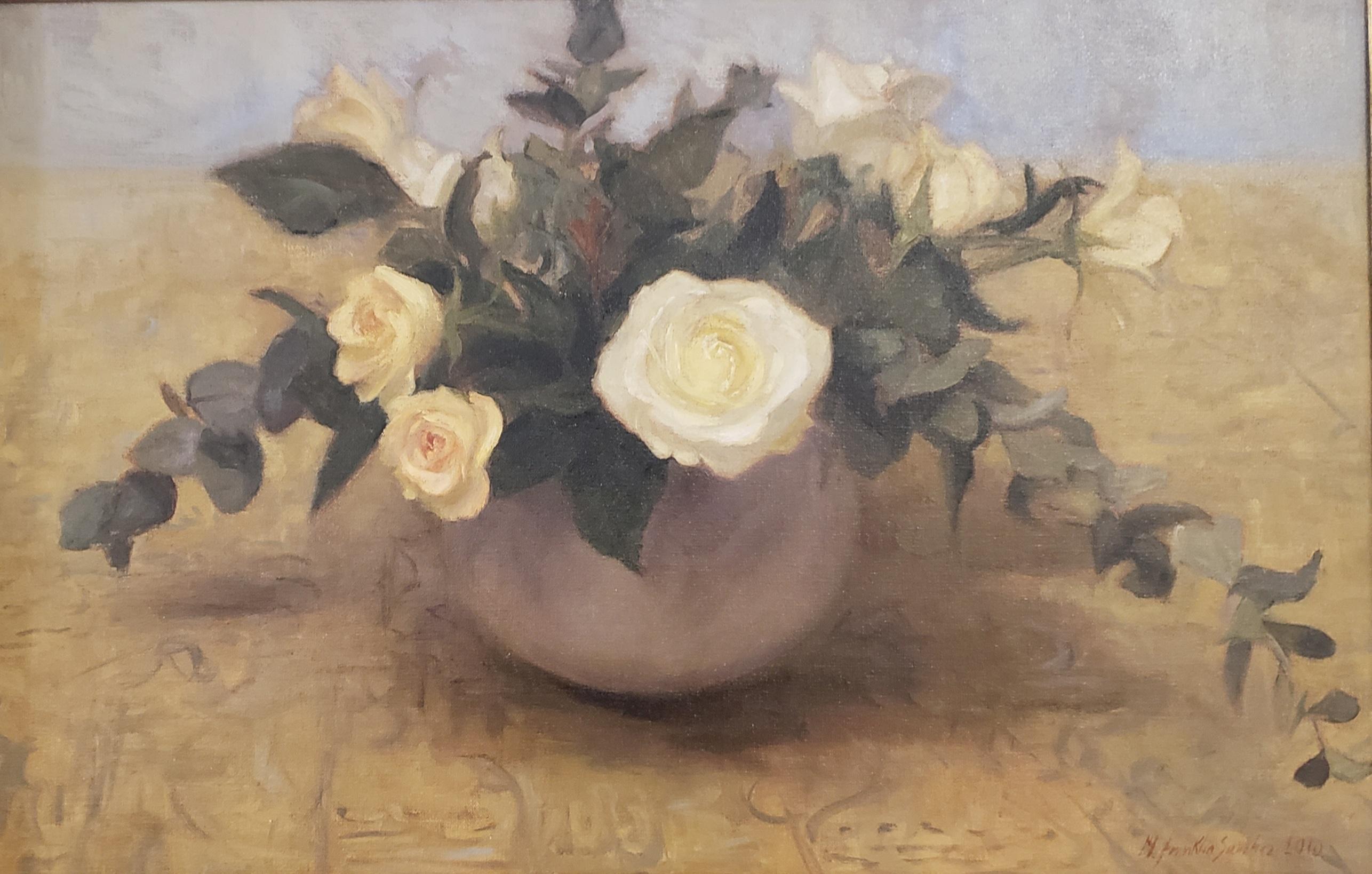 Melissa F. Sanchez Still-Life Painting -  White Roses, oil painting on linen,  Style of Realism, Florence, framed