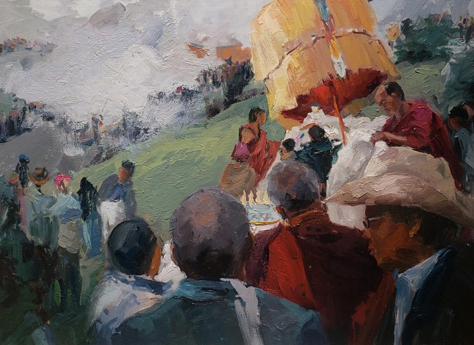 Market Vendor-Tibet, oil painting, Award of Excellence, Prayer Flags, framed - Painting by Paulette Lee