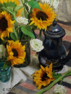 Sunflowers & Ranunculus, peinture florale, peinture à l'huile représentative, SW ART