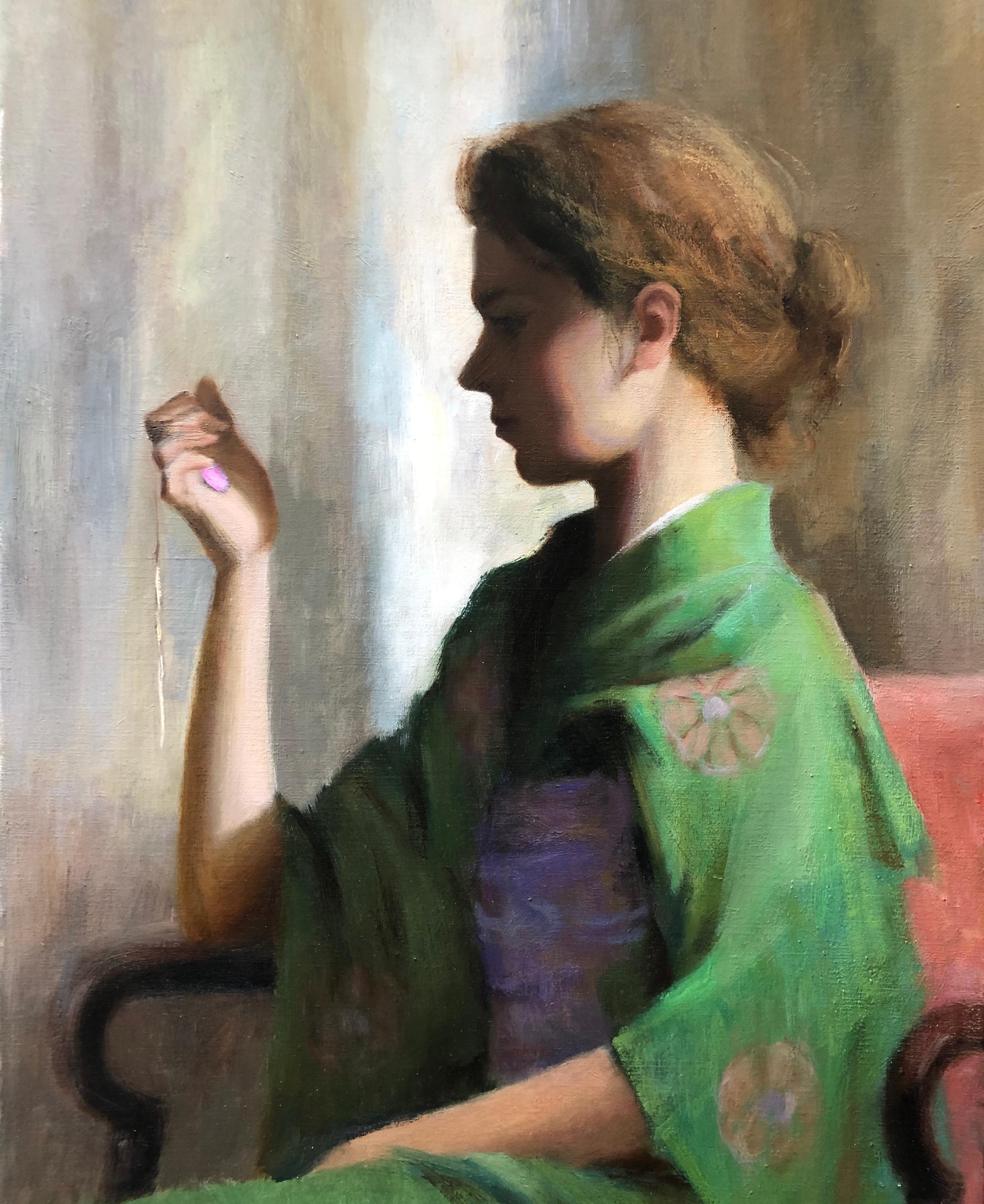 Stuart Fullerton Portrait Painting - Green Kimono , American Impressionist Painter, Oil Painters of America, Portrait
