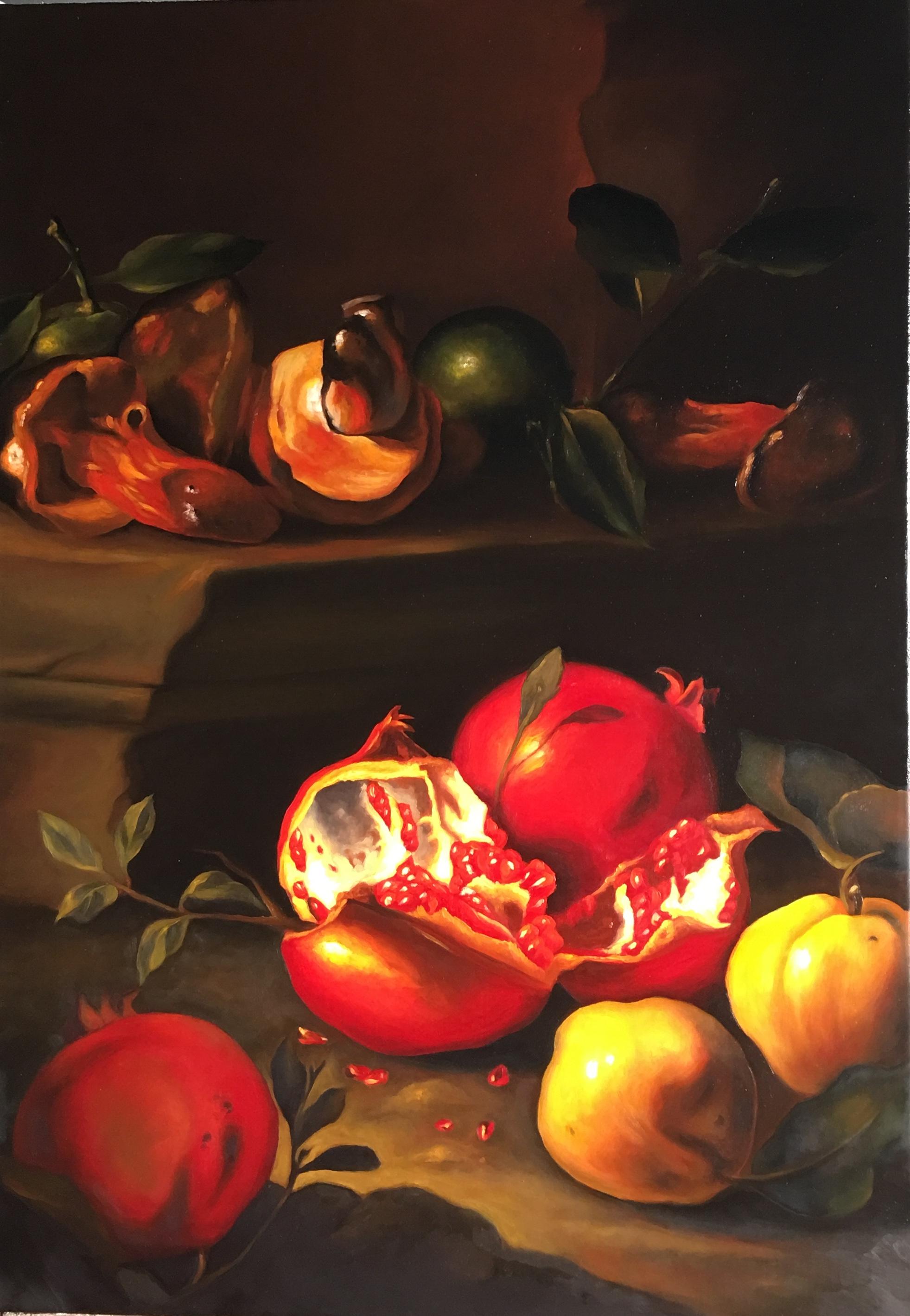 Barbara Castrucci Still-Life Painting - Pomegranates,  Still-life, Italian artist, Florence, Realism, Oil Painting.