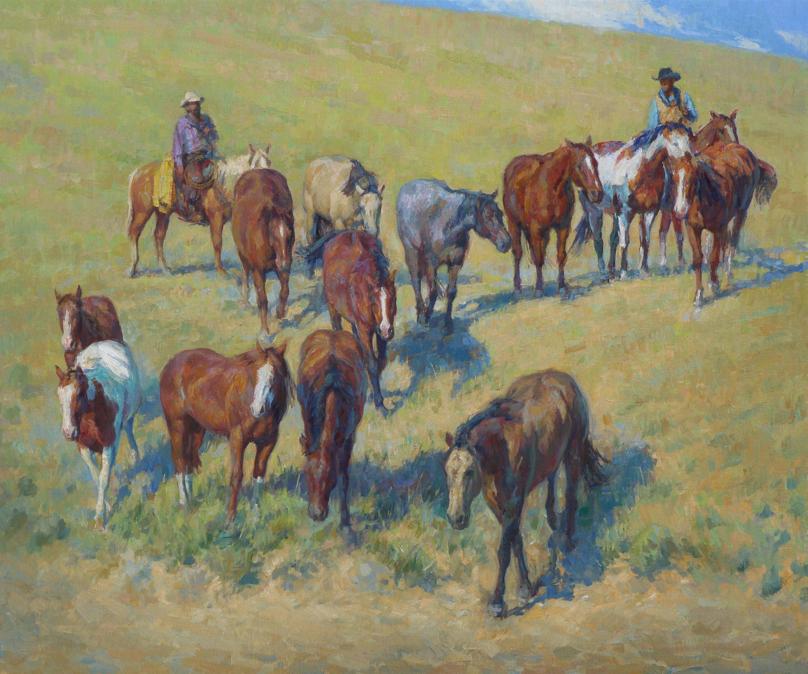 William Kalwick Animal Painting - Moving On, 30x36, Oil Painting Western Art, oíl. Texas Artist, Landscape