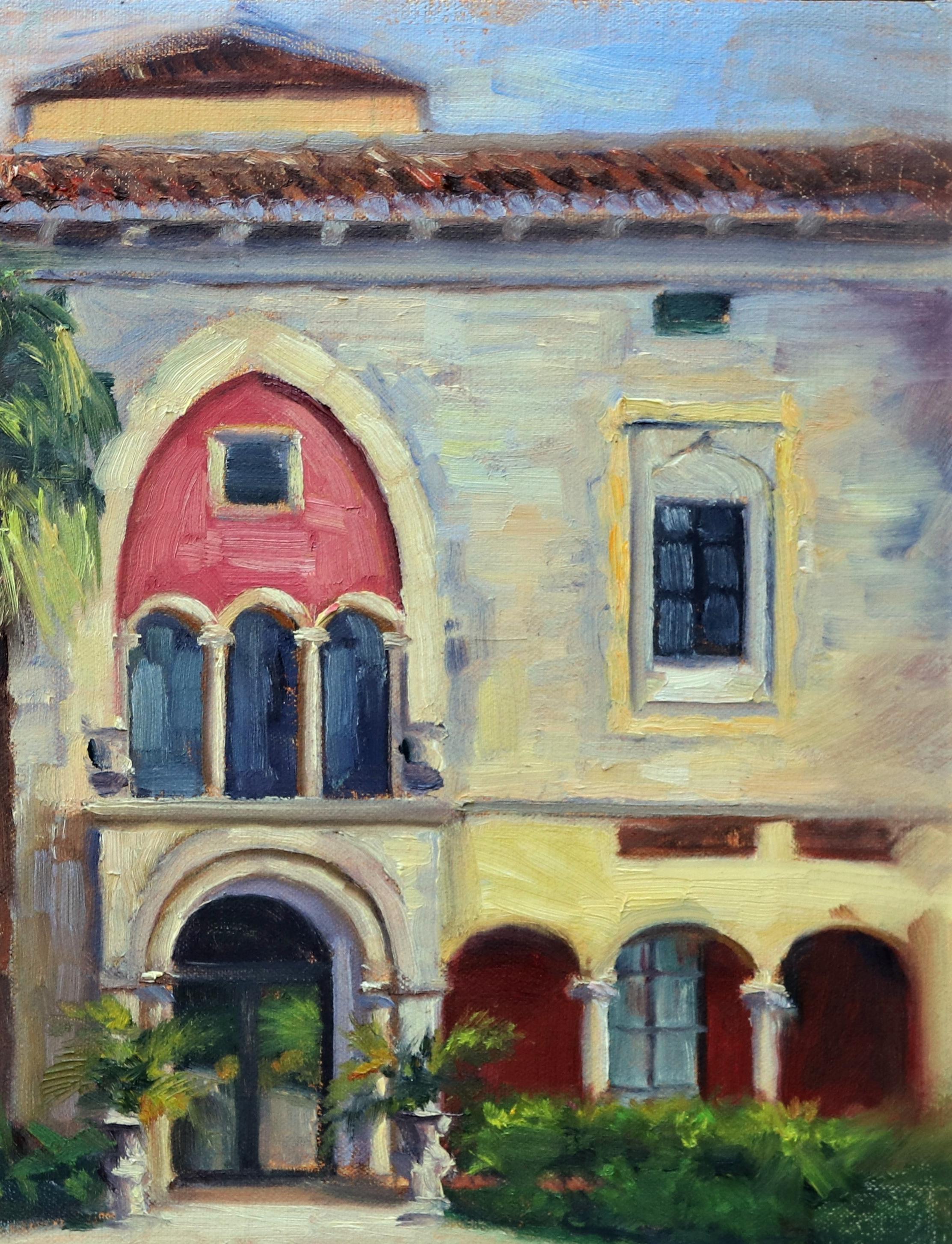Eine Tür zum Vergehen,  Steinhaus mit Blütenblattmotiv, amerikanischer Traum, kubanisch-amerikanischer Ureinwohner (Realismus), Painting, von Andres Lopez