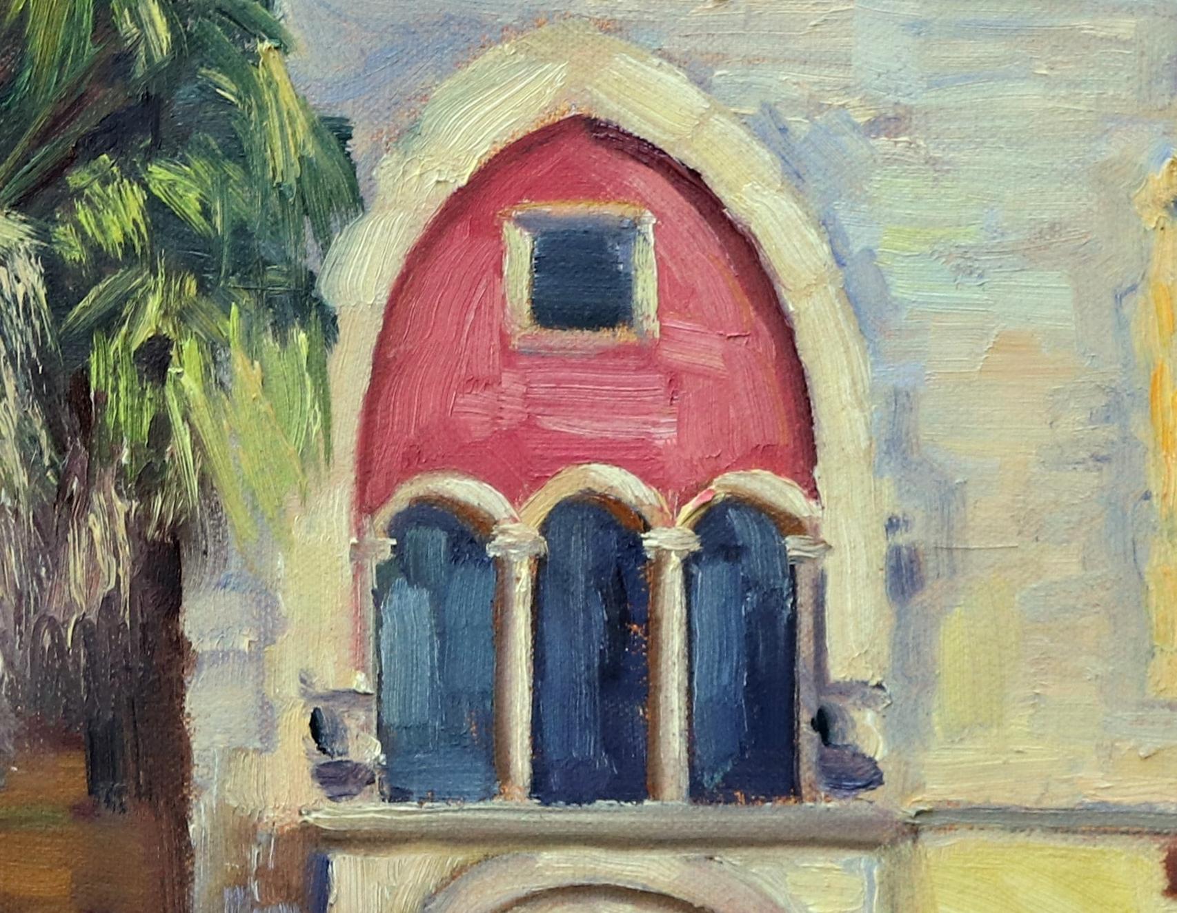 Eine Tür zum Vergehen,  Steinhaus mit Blütenblattmotiv, amerikanischer Traum, kubanisch-amerikanischer Ureinwohner (Grau), Landscape Painting, von Andres Lopez