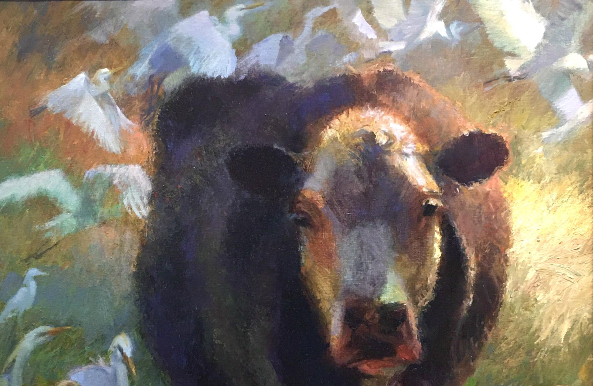 Turning Point , Texas Cattle, Impressionism Texas Ranches, Texas Artist, Framed - American Impressionist Painting by Virginia Vaughan 