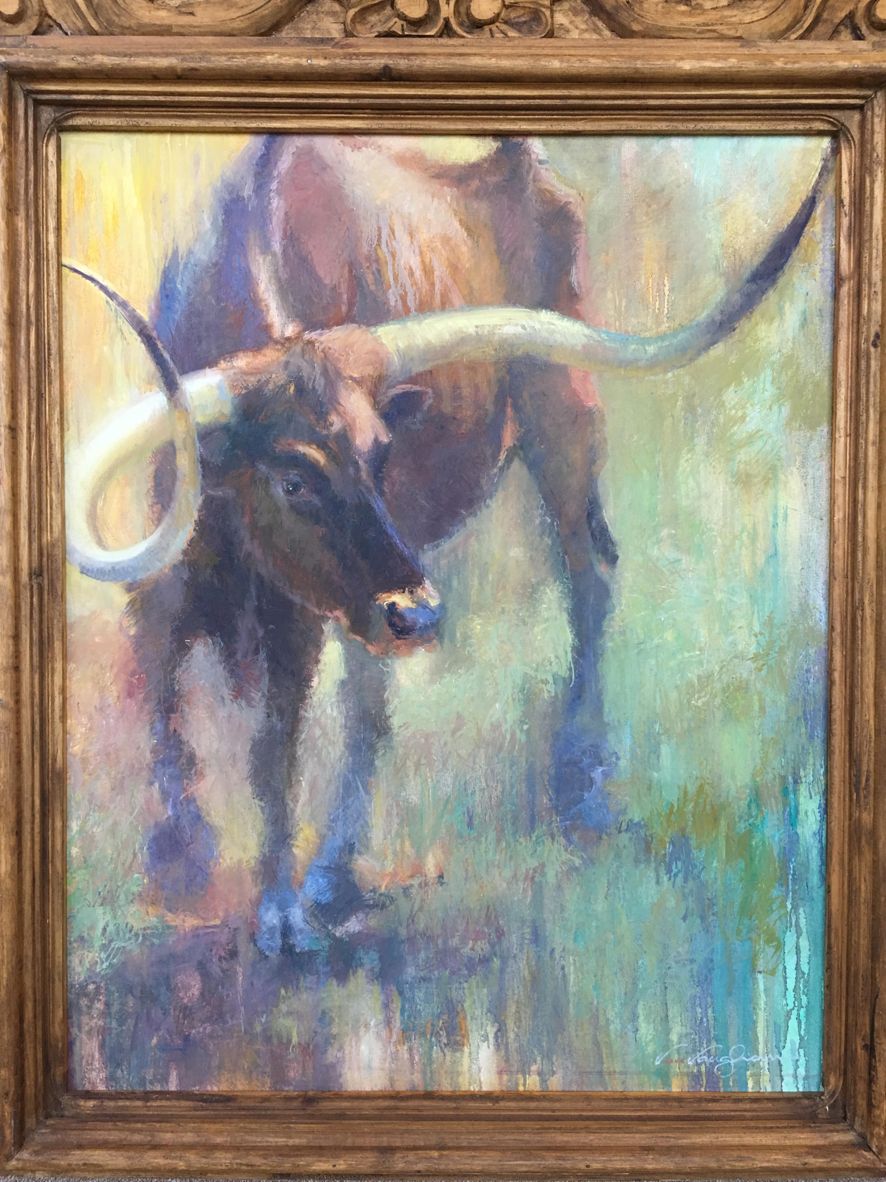 Turning Point , Texas Cattle, Impressionism Texas Ranches, Texas Artist, Framed - Painting by Virginia Vaughan 