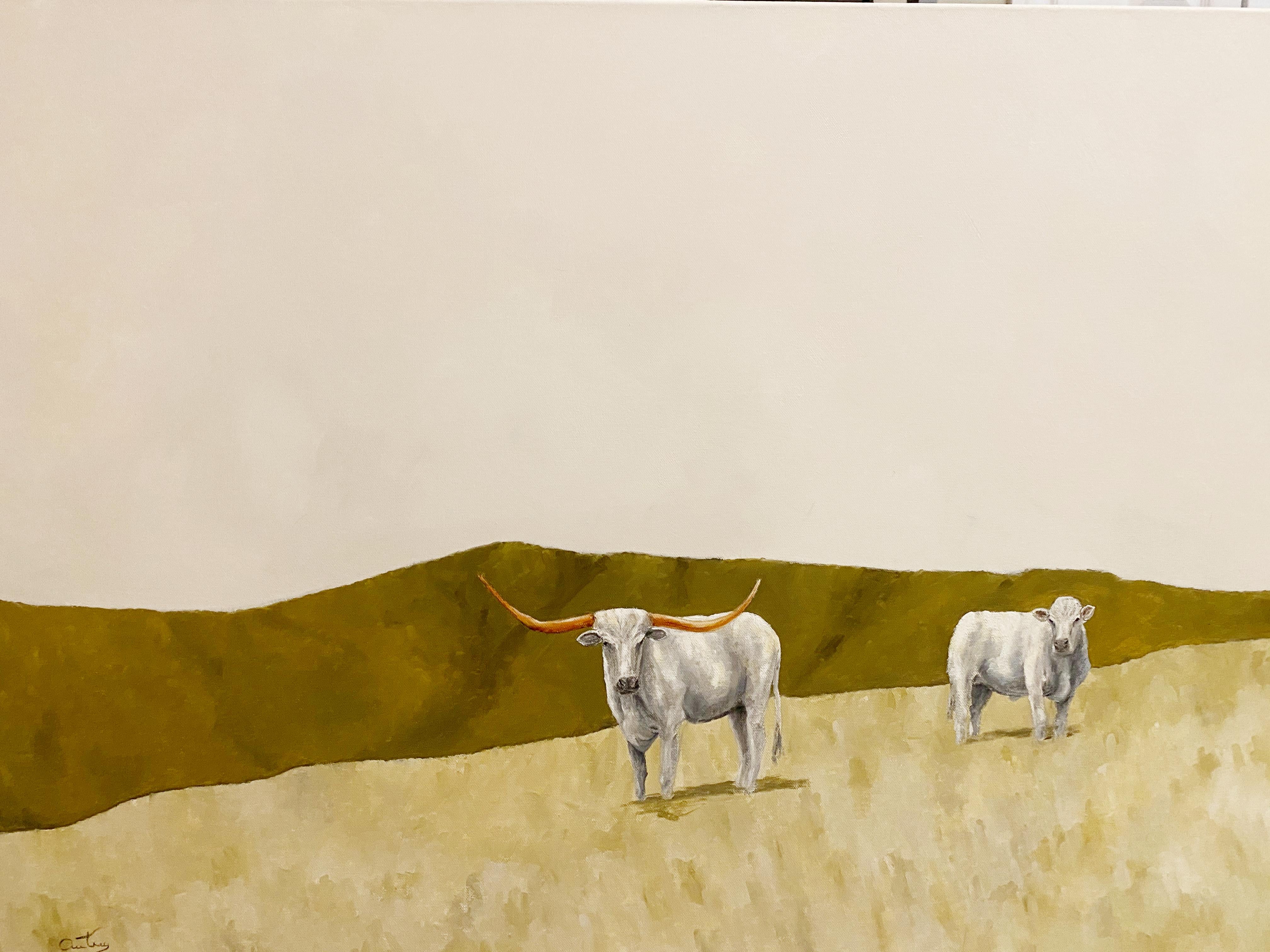 Luke Autrey Animal Painting - Green Pasture, Texas Artist, Realist, Light and Shadow, Texas Cattle, Rodeo