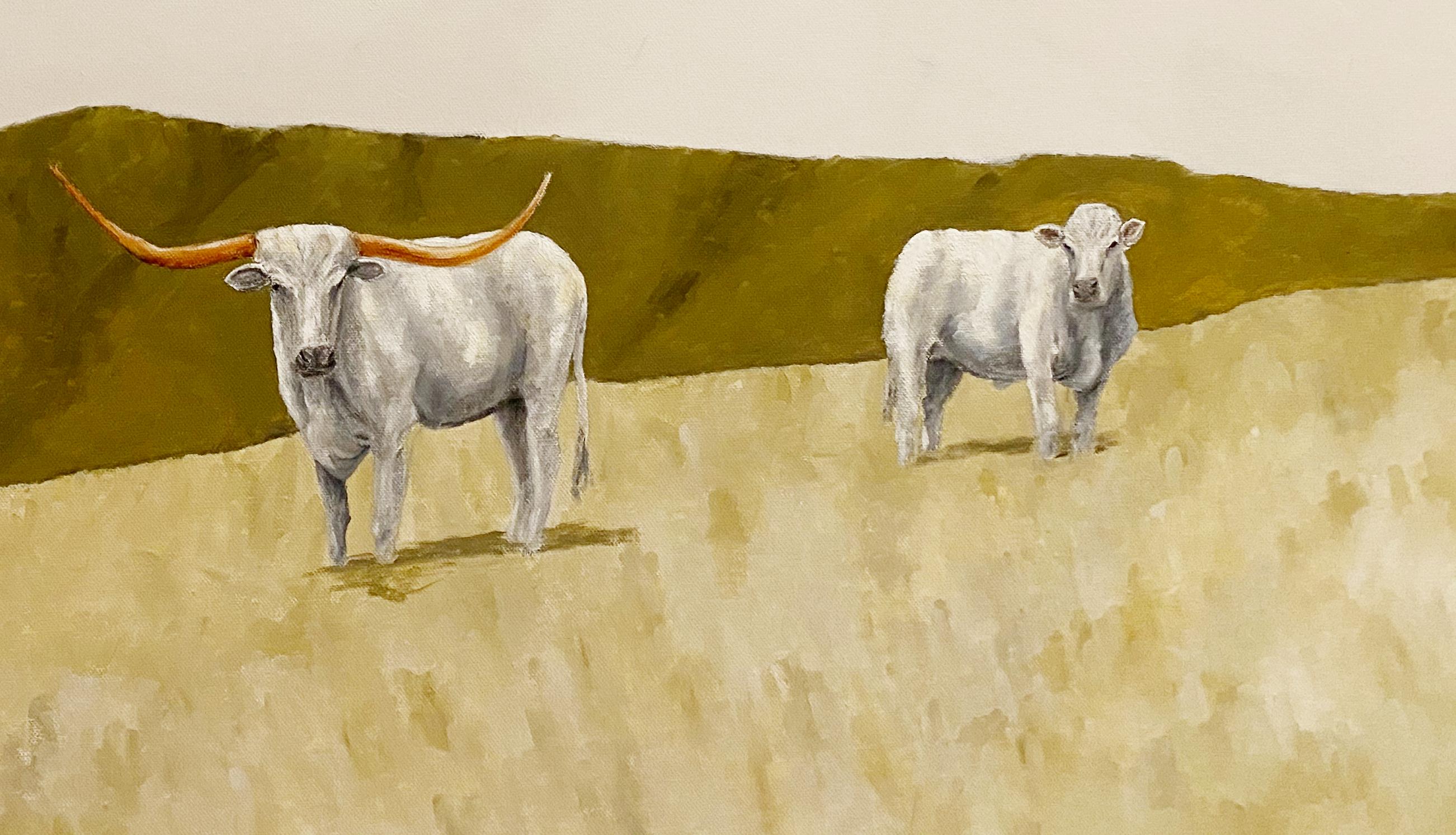 Green Pasture, Texas Artist, Realist, Light and Shadow, Texas Cattle, Rodeo - Painting by Luke Autrey