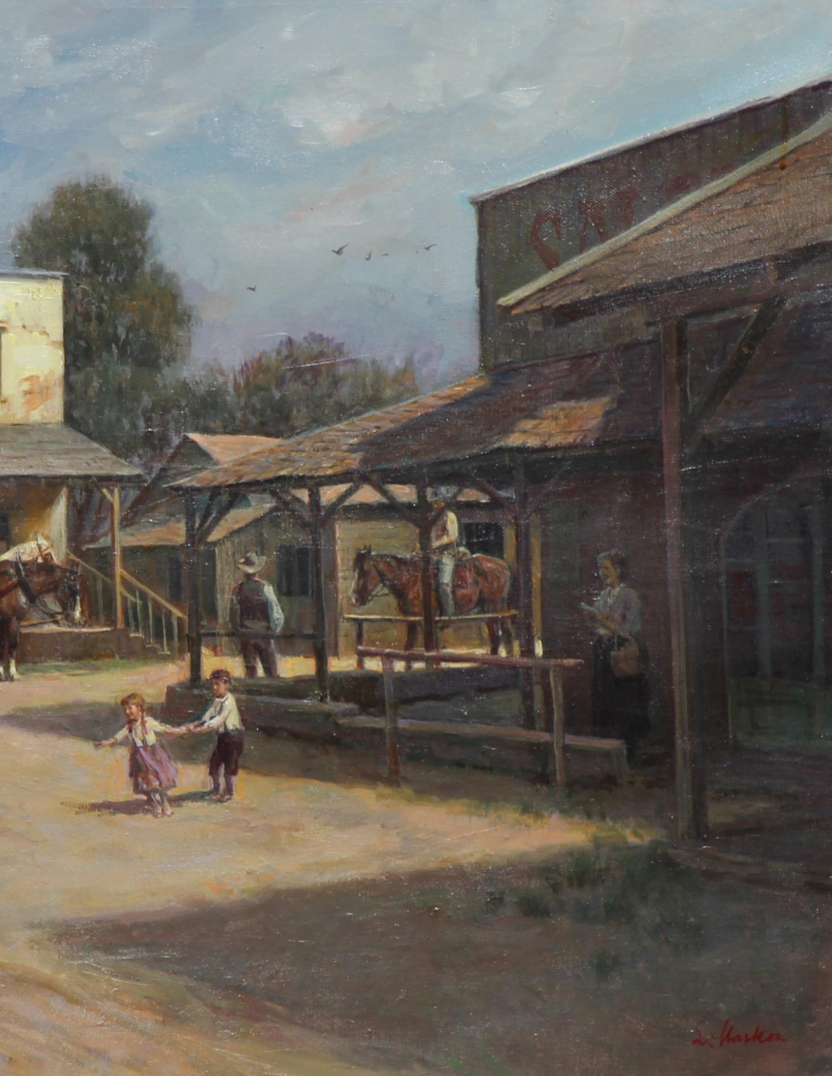 Play Time is an oil painting by Lajos Markos that depicts a small idyllic Western frontier town.

Career
Lajos Markos came to the United States following World War II and worked as a portrait painter in New York City, painting celebrities such as