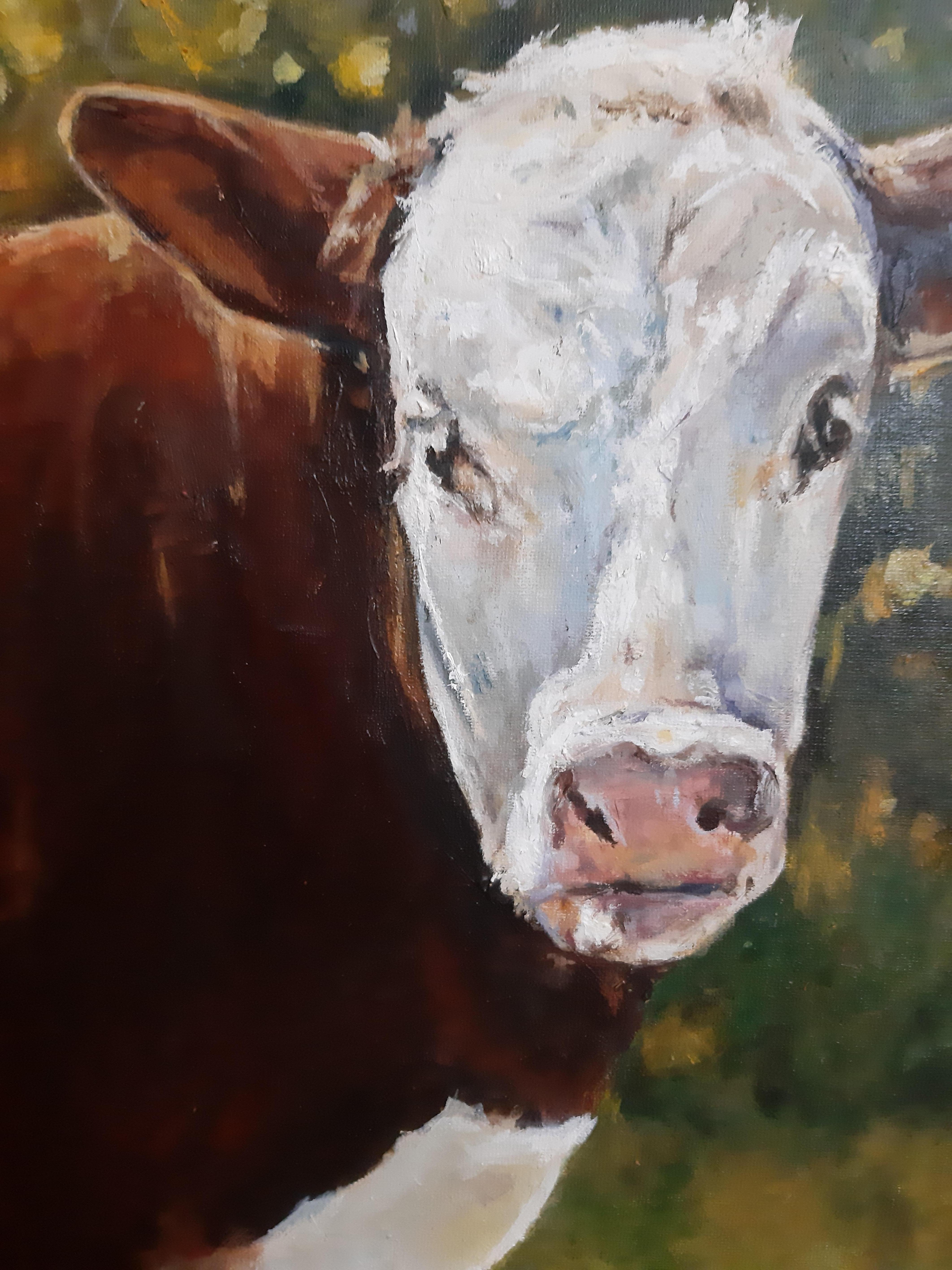 El Ternero, Artista Chileno, Ganado, Paisaje, Artista Emergente 24 x 31 óleo - Painting Impresionista de Viviana Ovando