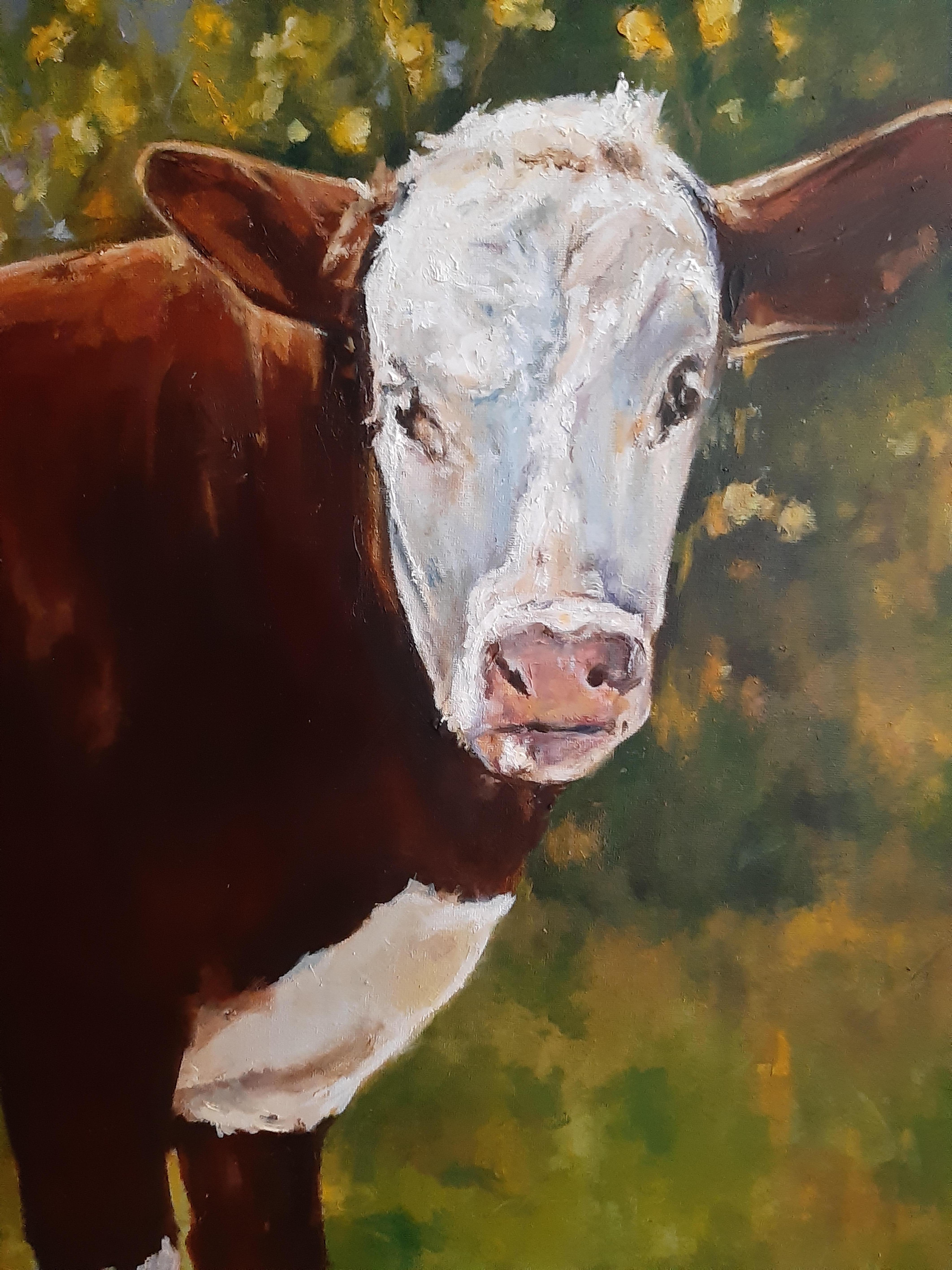 El Ternero, Artista Chileno, Ganado, Paisaje, Artista Emergente 24 x 31 óleo - Landscape Painting Gris de Viviana Ovando
