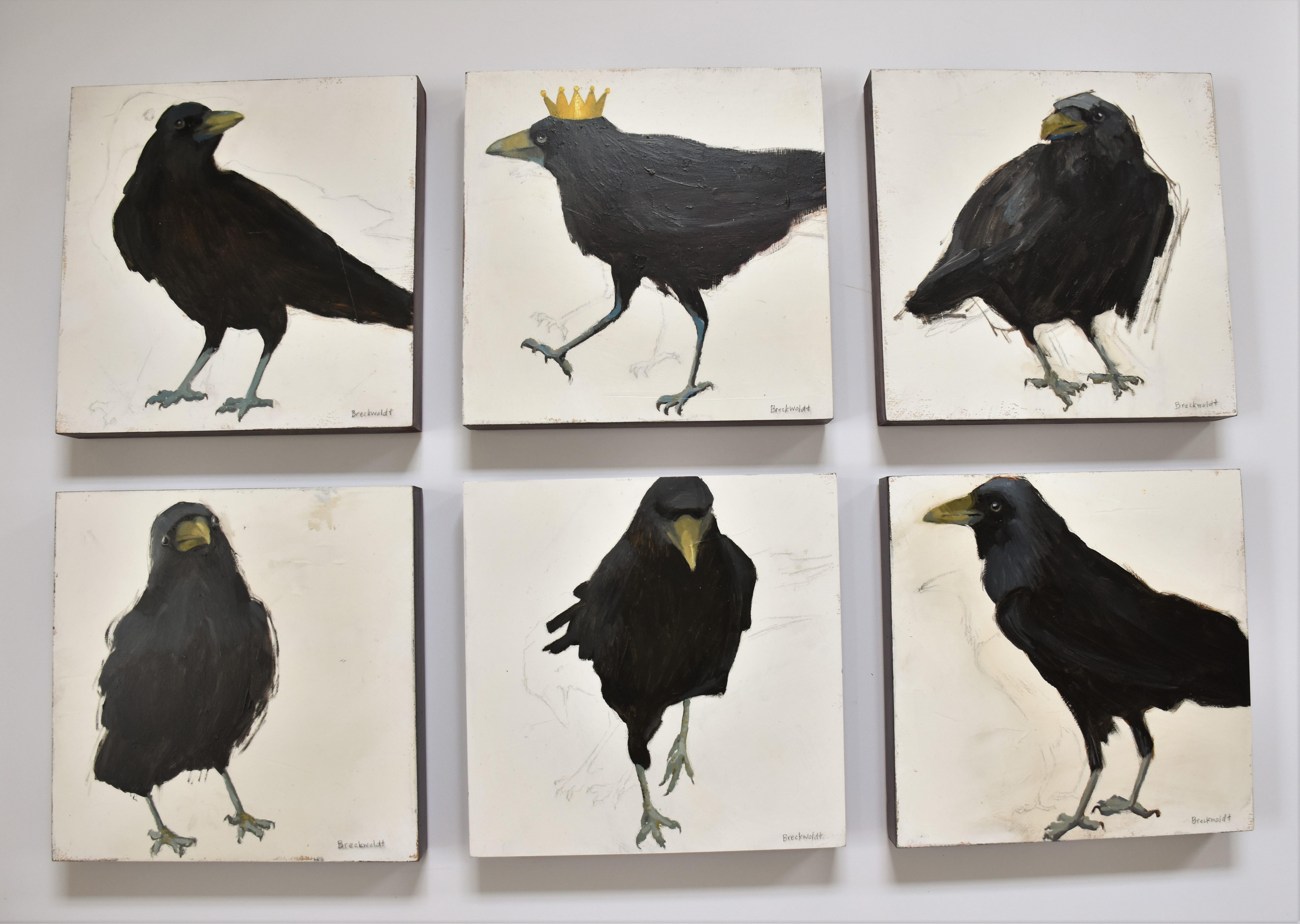 Raven 1, Figurative, Texas artist, Women in the Arts,  12 x 12 oil, Birds. - Gray Animal Painting by Joan Breckwoldt