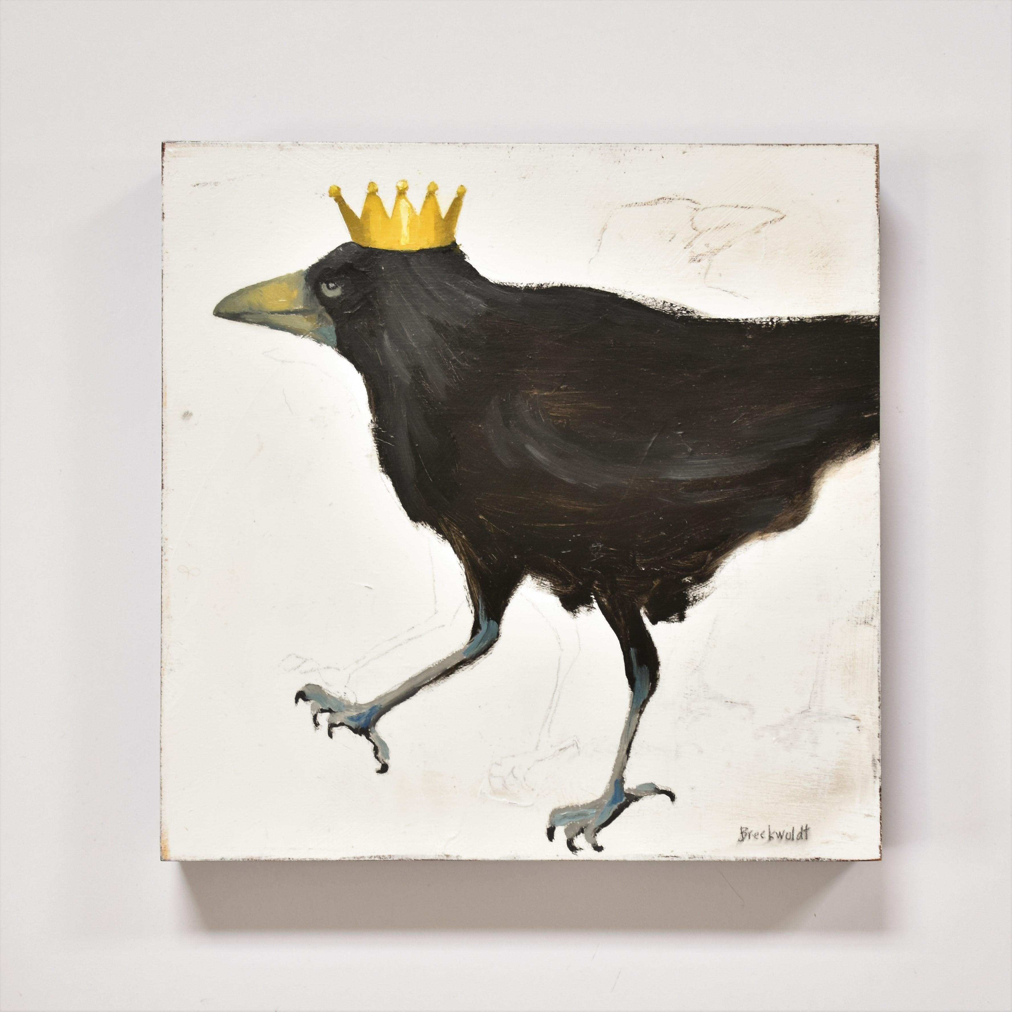 Joan Breckwoldt Animal Painting - Raven 6 with a Crown, Pentimento   Figurative, Texas artist, 12 x 12 oil, Birds.