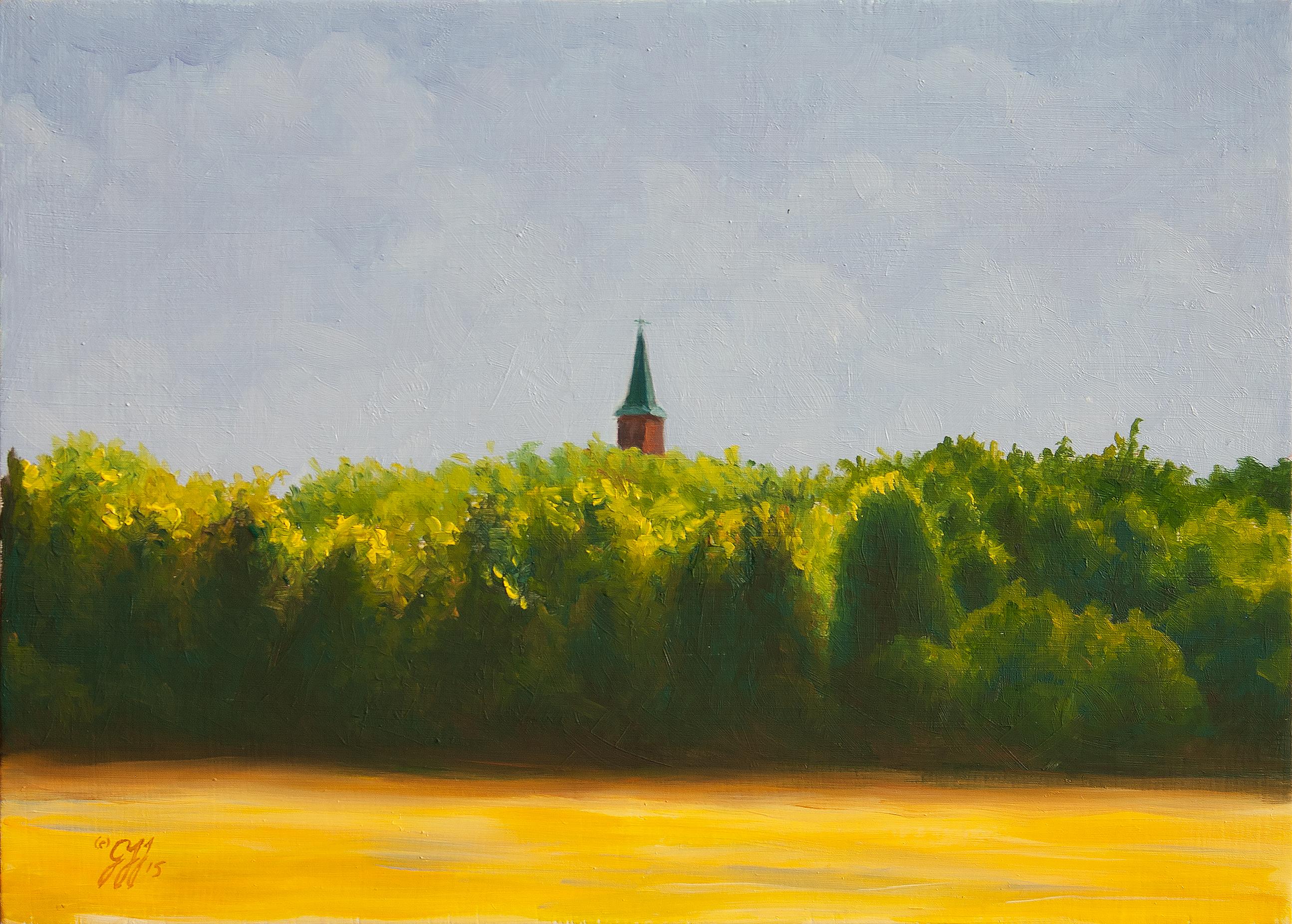 Gary Hernandez Landscape Painting - St. Mary's Church in Schulenburg, Realism, Oil Painting, Painted Churches