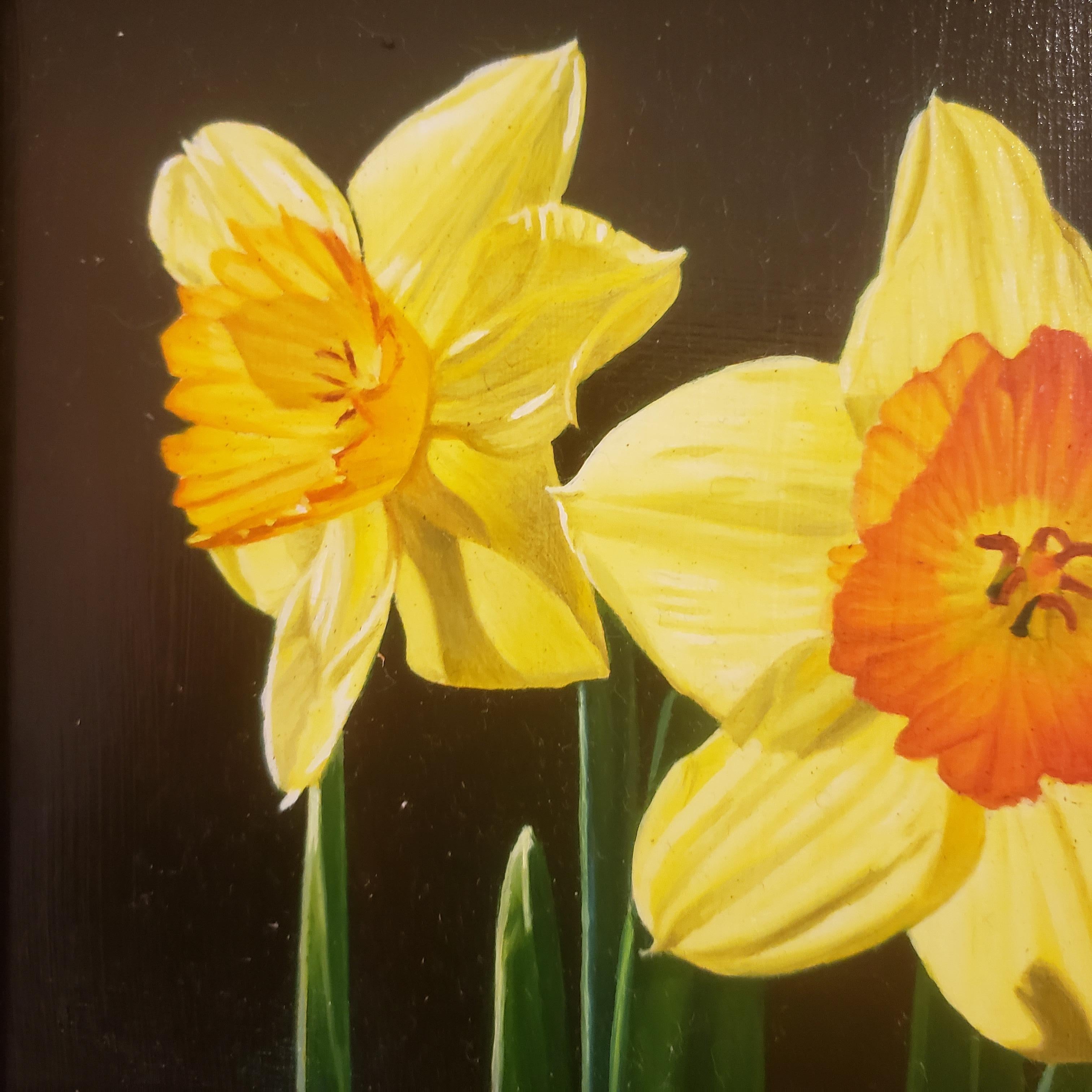 Daffodils is a oil painting done in the style of Realism. It is a still-life oil painting done pleinaire in the Texas countryside near the Texas Hill Country It has a custom made frame.
Realism, in the arts, the accurate, detailed, unembellished