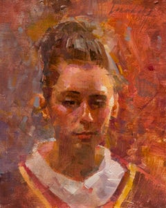 Retrato de joven italiana con traje renacentista, Óleo, 8" x 6,5", Italia