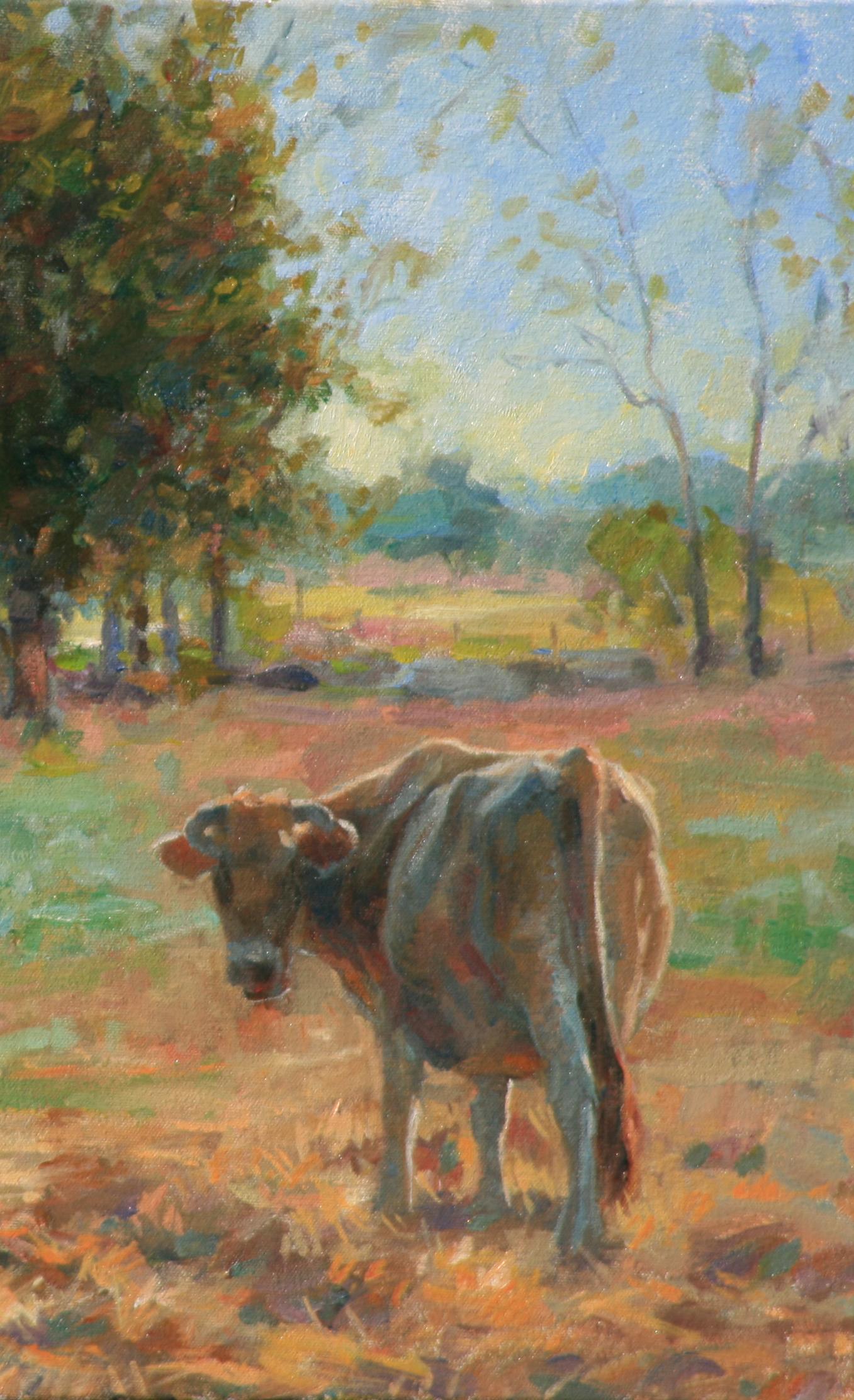 The oil painting Morning Cows depicts two cows wandering around the field right after sunrise. This is common in Texas and the Rocky Mountains.  IN the background you can see the sunrise . The reflection of the natural light is shown of the trees