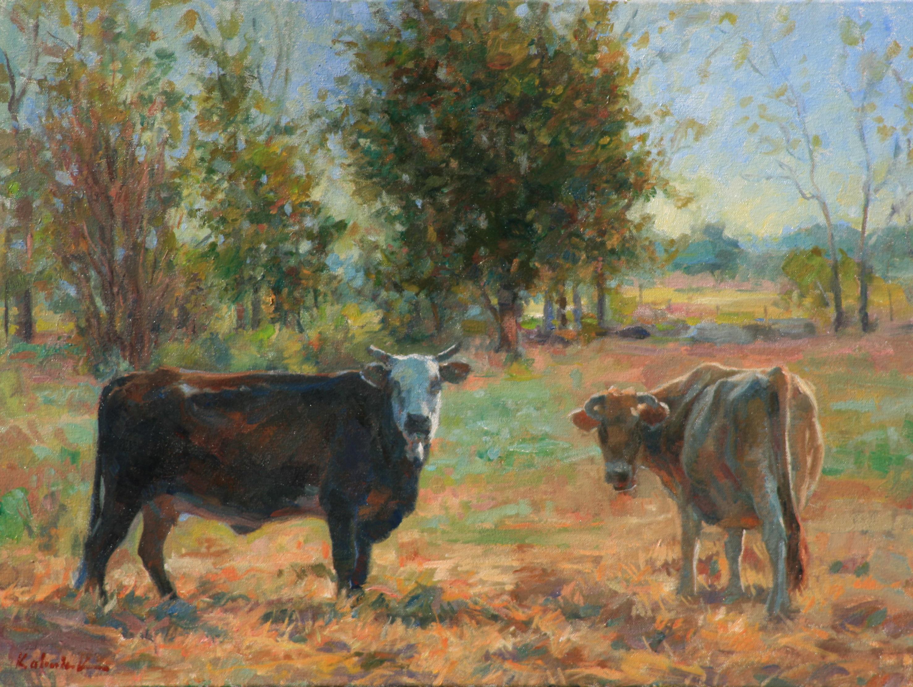 William Kalwick Animal Painting - Morning Cows , Oil Painting , Western Art, oíl painting, Texas Artist, Landscape