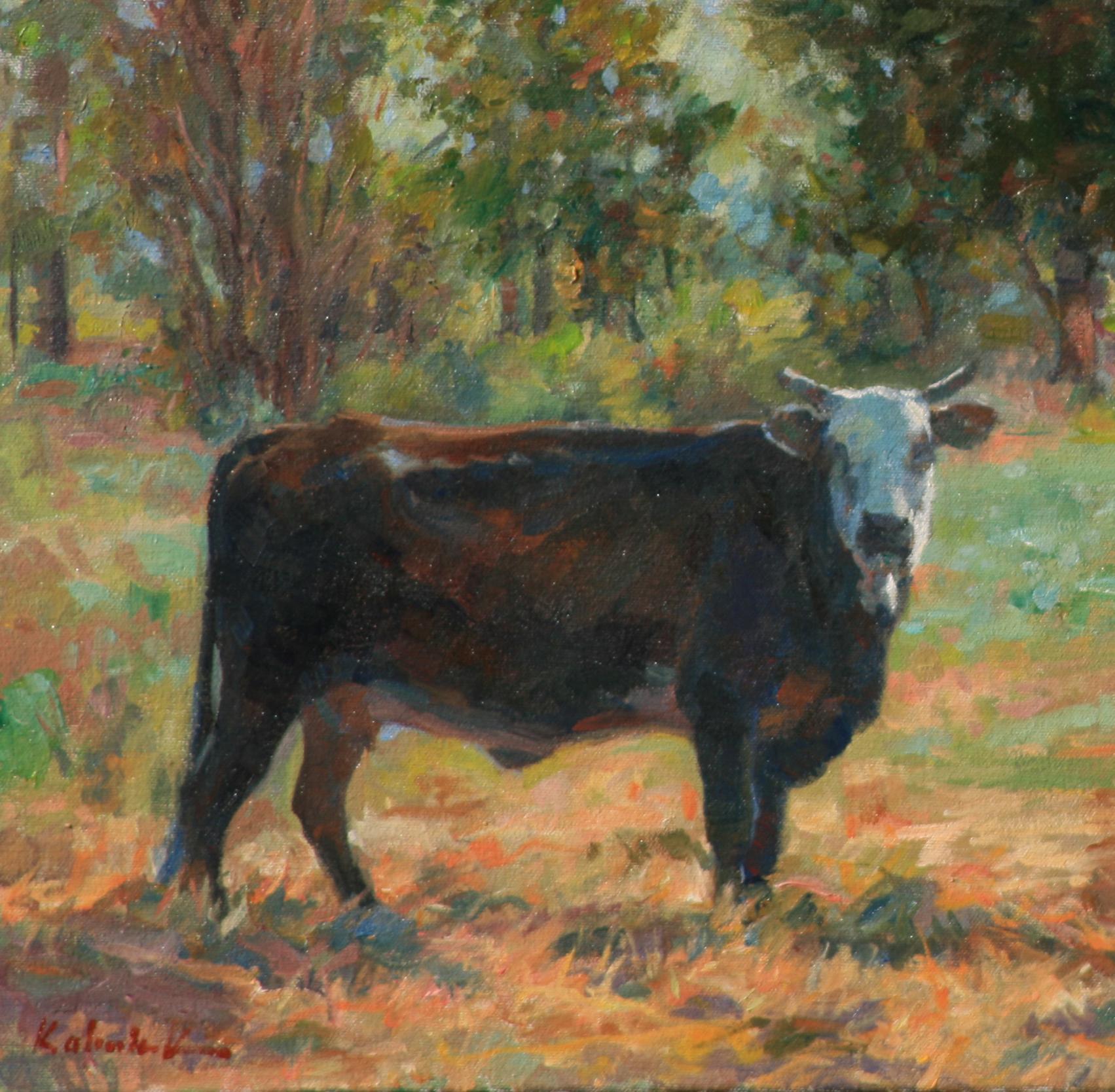 Morning Cows , Oil Painting , Western Art, oíl painting, Texas Artist, Landscape - Brown Animal Painting by William Kalwick