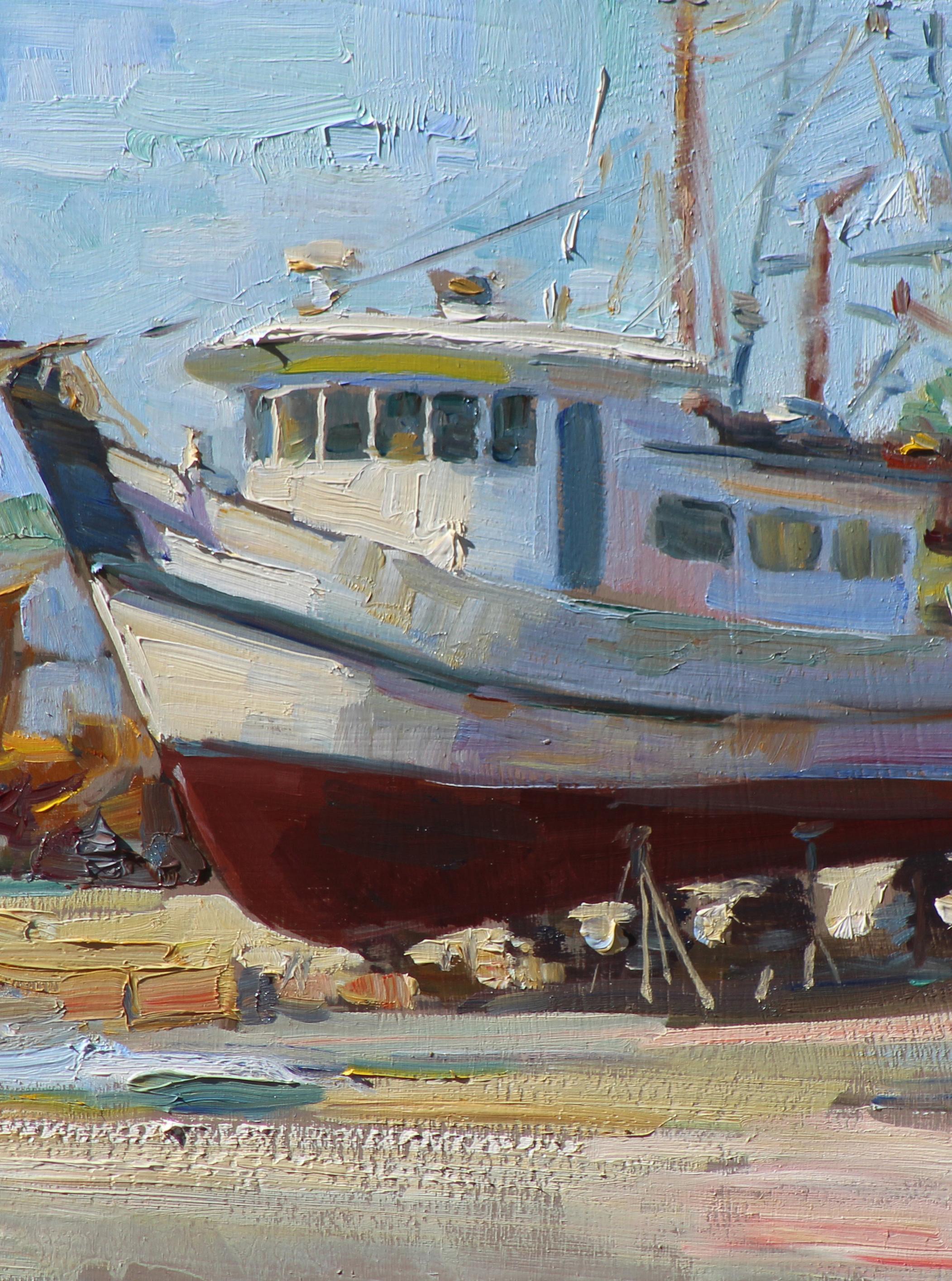 William Kalwick San Leon Boat Yard Vivid Colors Texas Artist Shrimp Boat Coastal Painting For Sale At 1stdibs