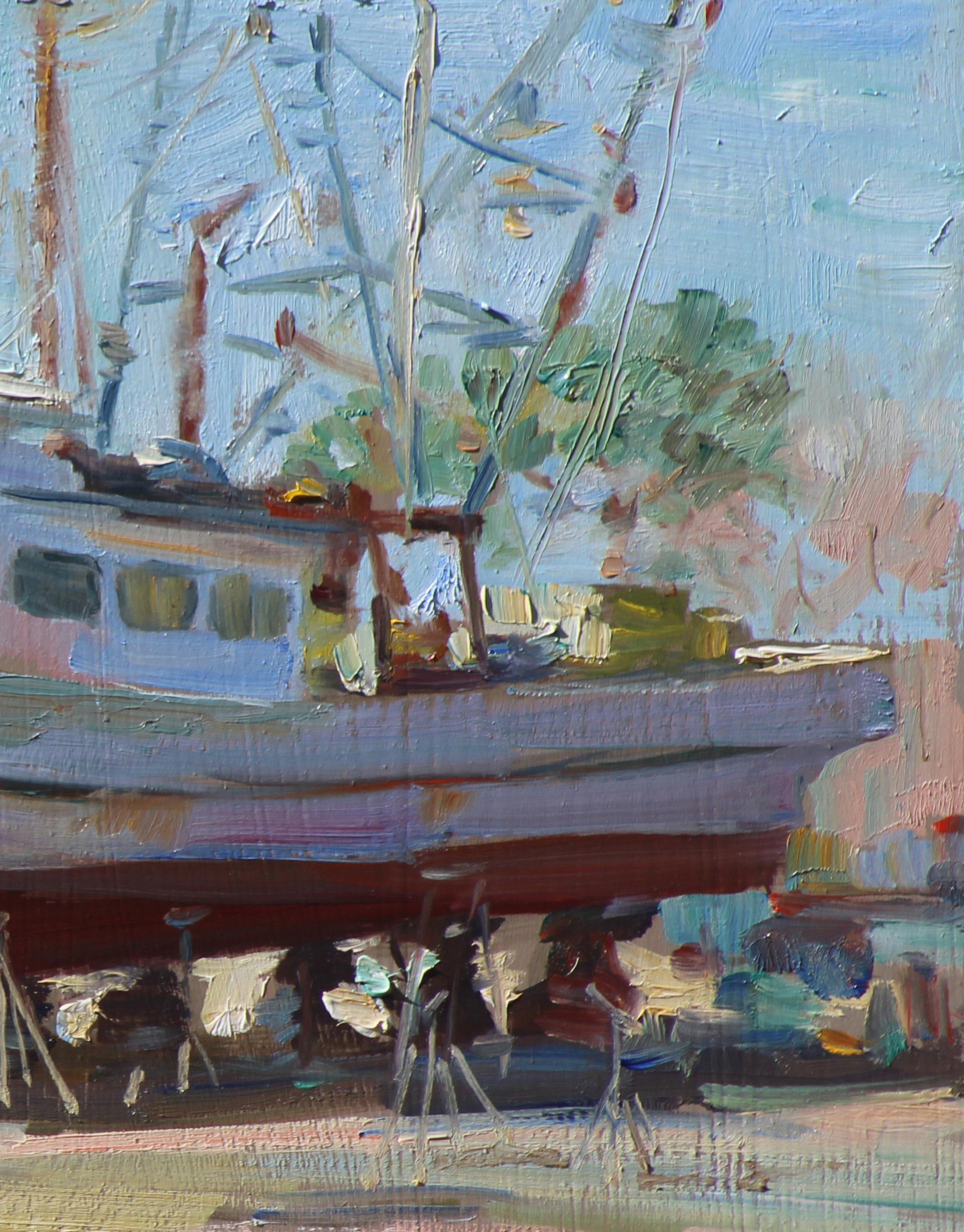 San Leon Boat Yard, vivid colors , Texas Artist,  Shrimp Boat, Coastal Painting - Gray Figurative Painting by William Kalwick