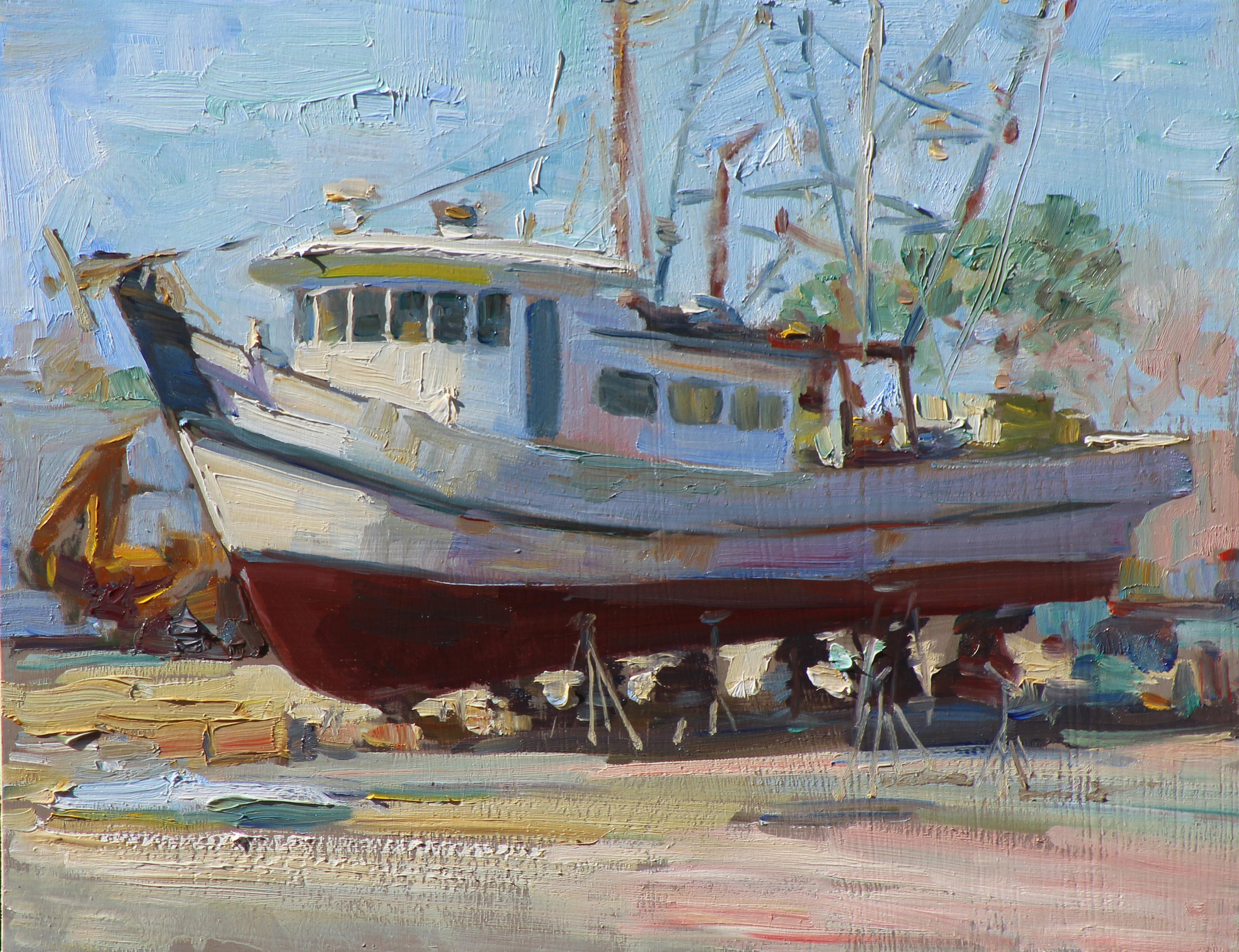 William Kalwick Figurative Painting - San Leon Boat Yard, vivid colors , Texas Artist,  Shrimp Boat, Coastal Painting