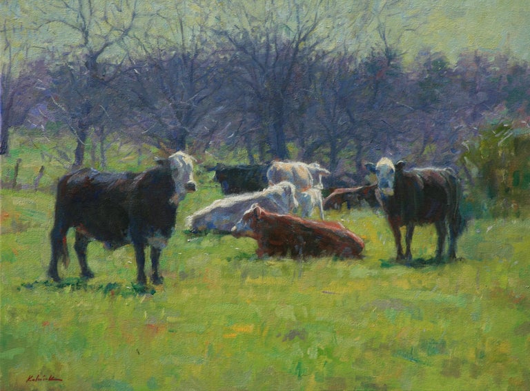 William Kalwick Animal Painting - Winter Cows, Oil Painting , Texas Artist, Landscape, Southwest Art ,Cattle