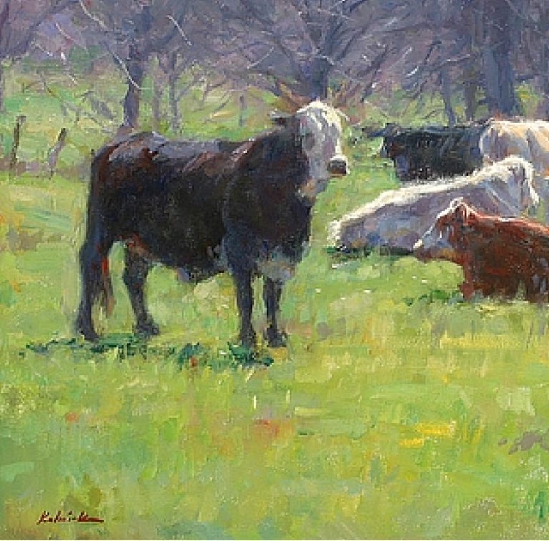 Winter Cows, Oil Painting , Texas Artist, Landscape, Southwest Art ,Cattle - Gray Animal Painting by William Kalwick
