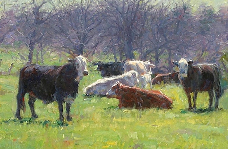 The oil painting Winter Cows depicts several cows  wandering around the field right after sunrise. This is common in Texas and the Rocky Mountains.  In  the background you can see the sunrise and the morning light on the cattle.. The reflection of