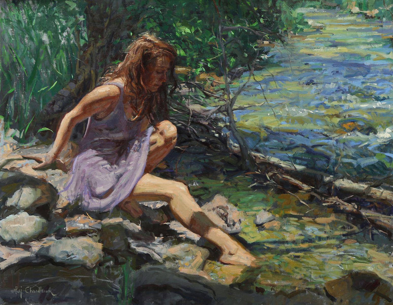 Childhood Brook, oil , American Impressionistic, Colorado, New Orientalist - Painting by Raj Chaudhuri