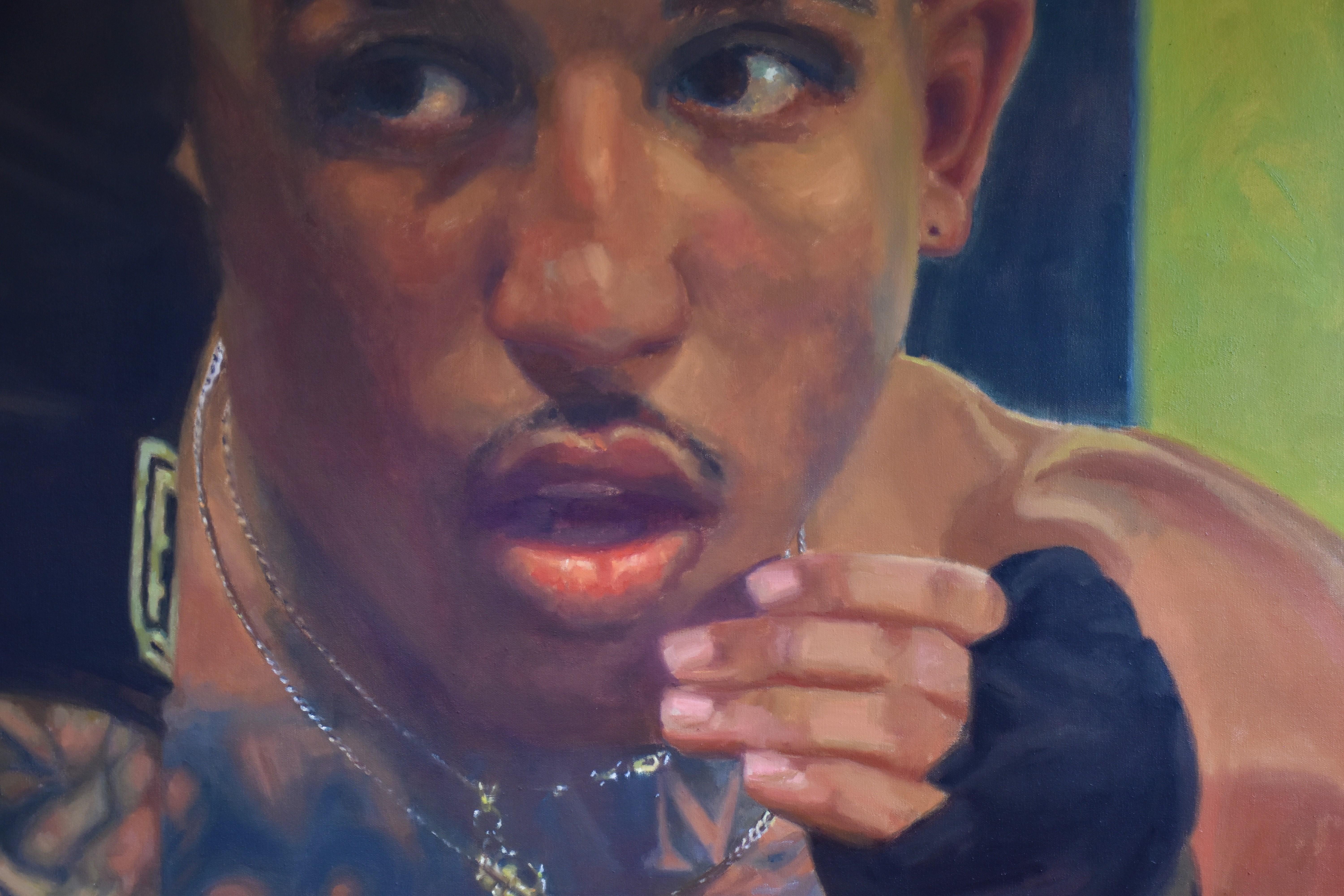 John « Crappy » Ramirez, portrait, pro-boxeur, peinture à l'huile, Execute Your Plan - Impressionnisme américain Painting par Joan Breckwoldt