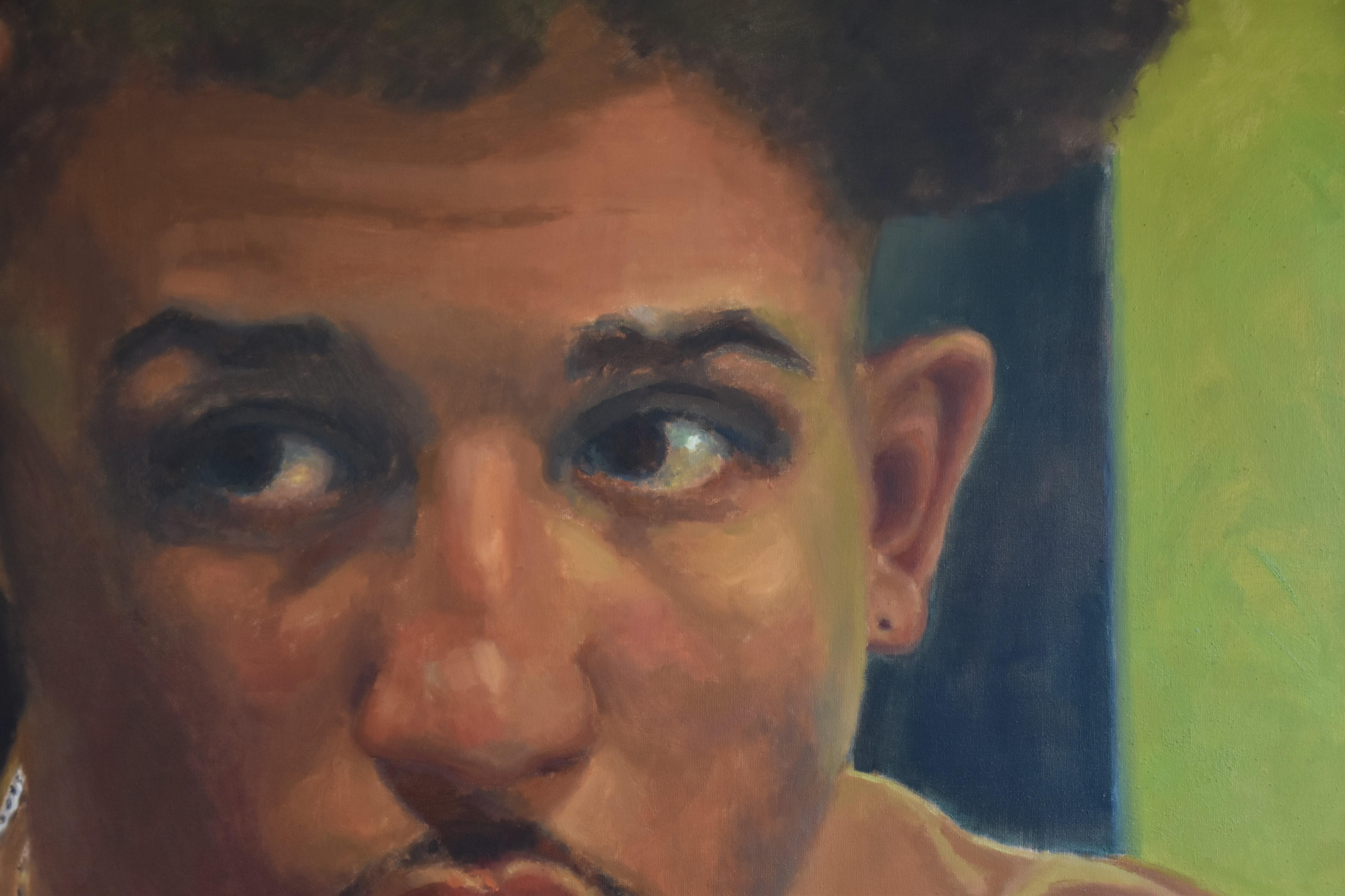John « Crappy » Ramirez, portrait, pro-boxeur, peinture à l'huile, Execute Your Plan - Marron Portrait Painting par Joan Breckwoldt