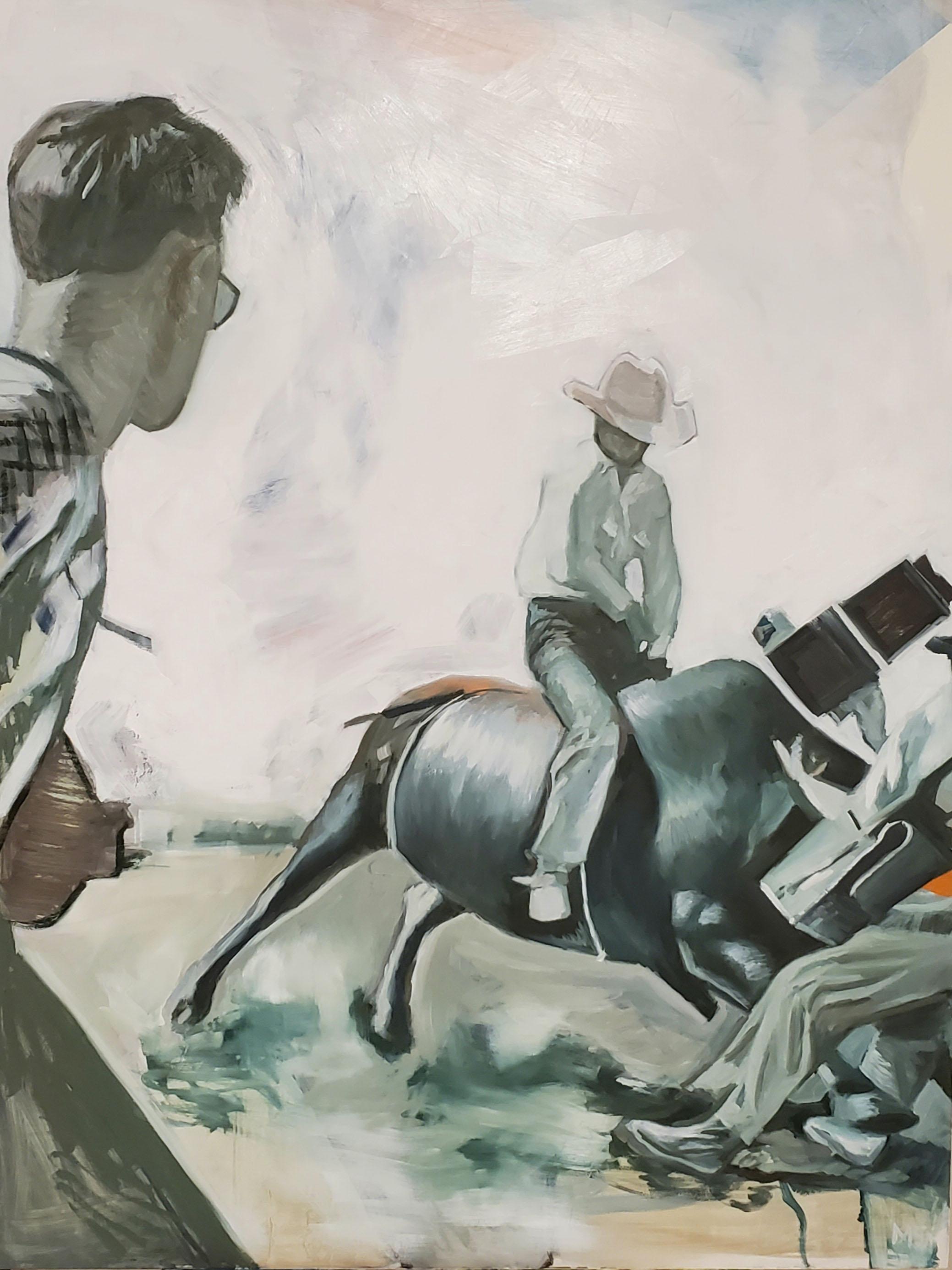 Mary Sinner Figurative Painting - "No Flash Photography", Western Rodeo Cowboy, Modern Retro Original Oil Painting