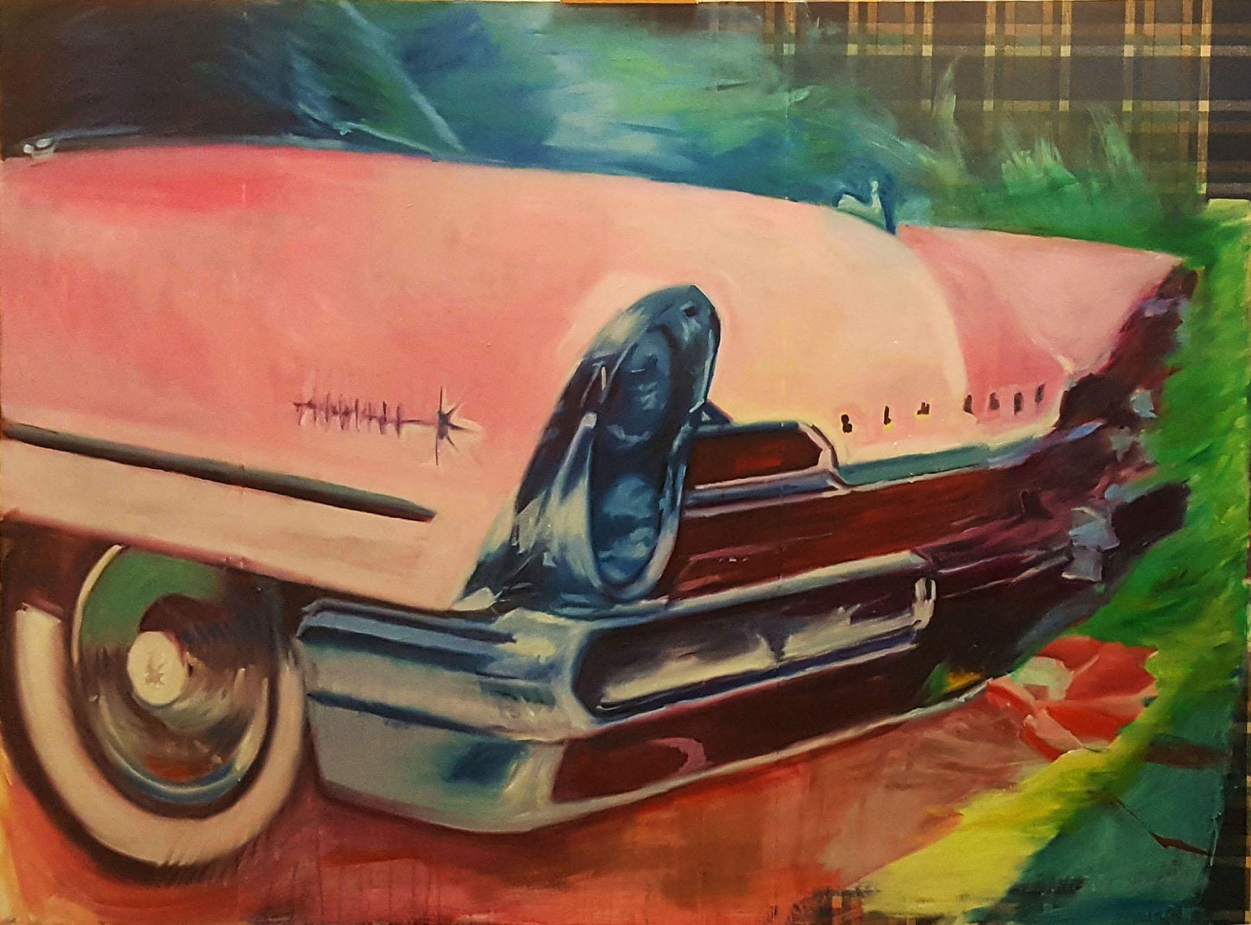Mary Sinner Still-Life Painting - Plaid Wallpaper, Pink Car Retro, Original Oil Painting