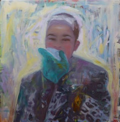 "Eating Snow" Oil Painting of a playful young woman in a leopard winter coat