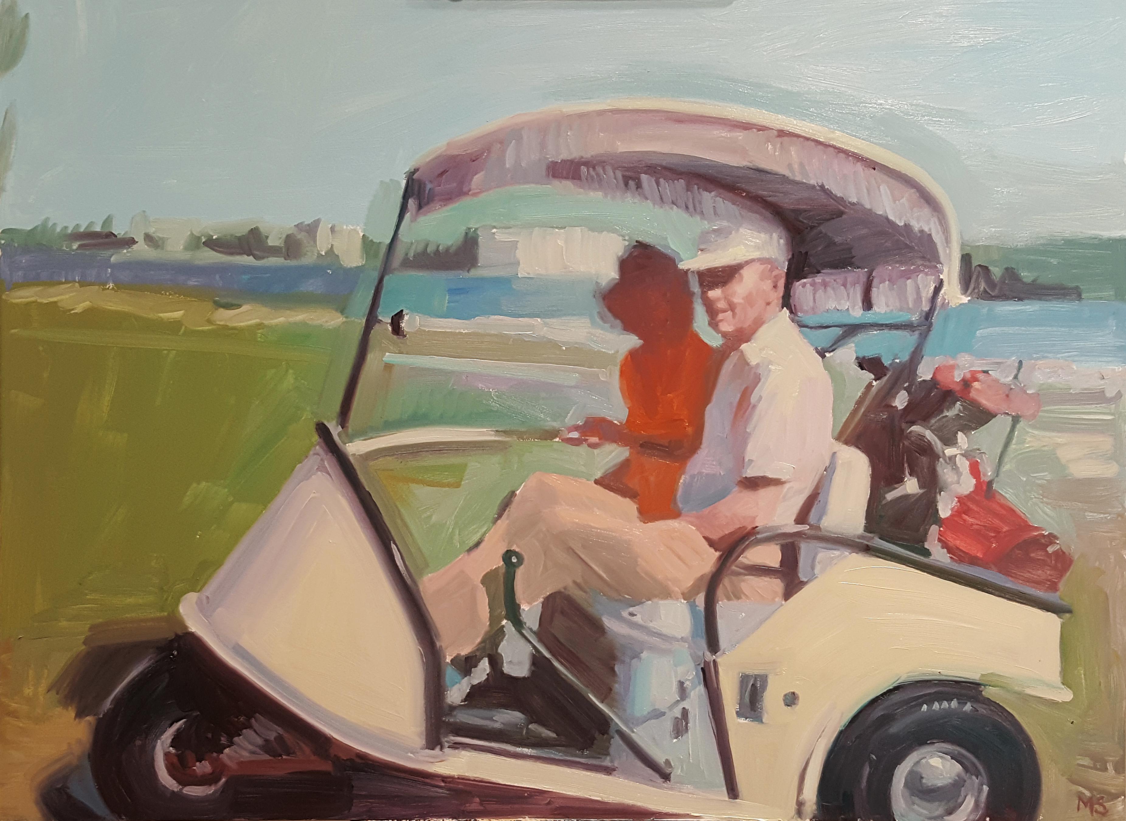 Mary Sinner - "Golf Cart with Fringe" Original Oil Painting, Retro Golfers  at 1stDibs