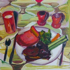 "Wallpaper Tablecloth", Original Oil Painting Still-Life by Mary Sinner, Food