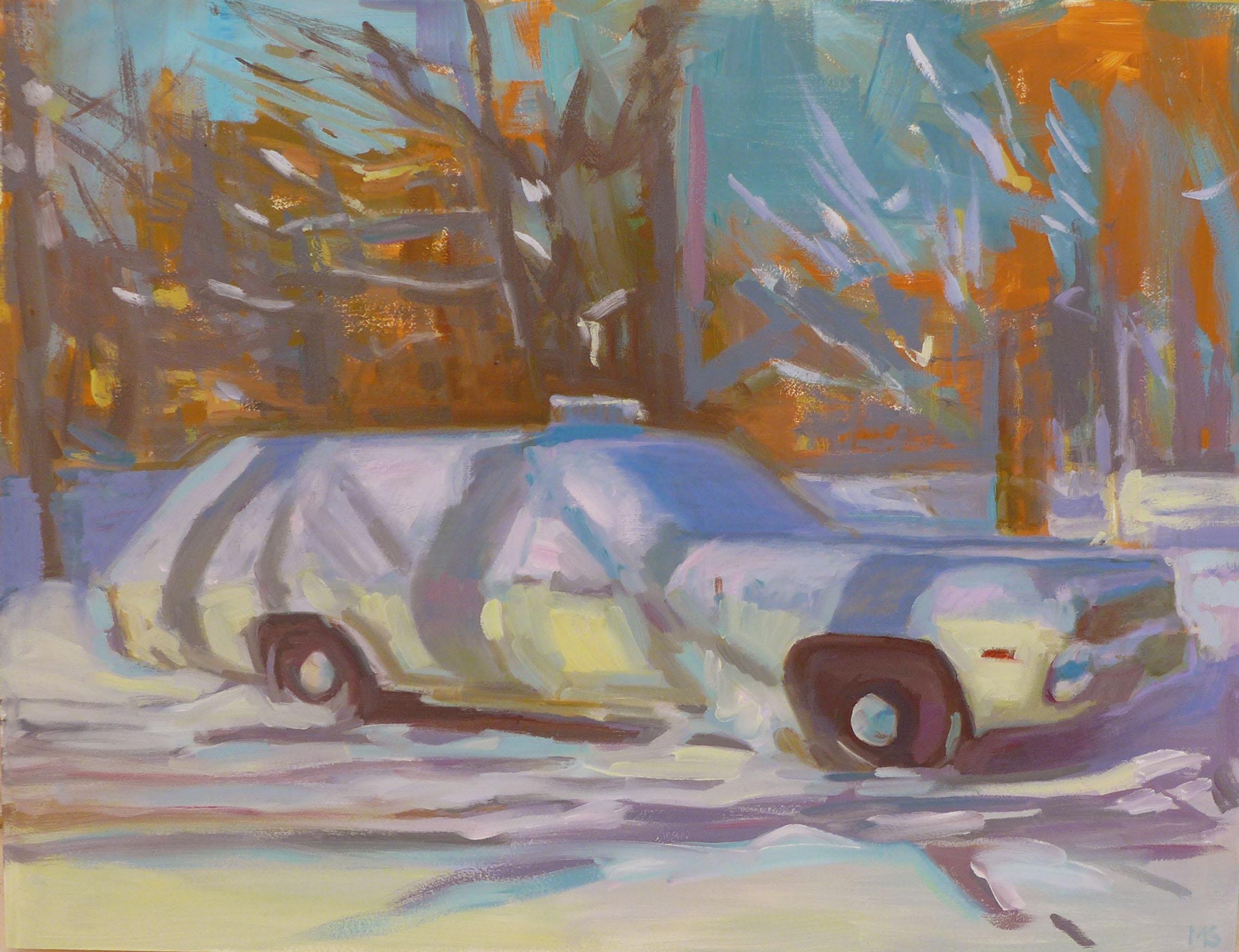 Mary Sinner Landscape Painting - "Covered With Snow" Original Oil Painting of Station Wagon in Winter
