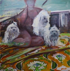 "Shih Tzu Trio" Original Oil painting by Mary Sinner with 3 dogs and woman