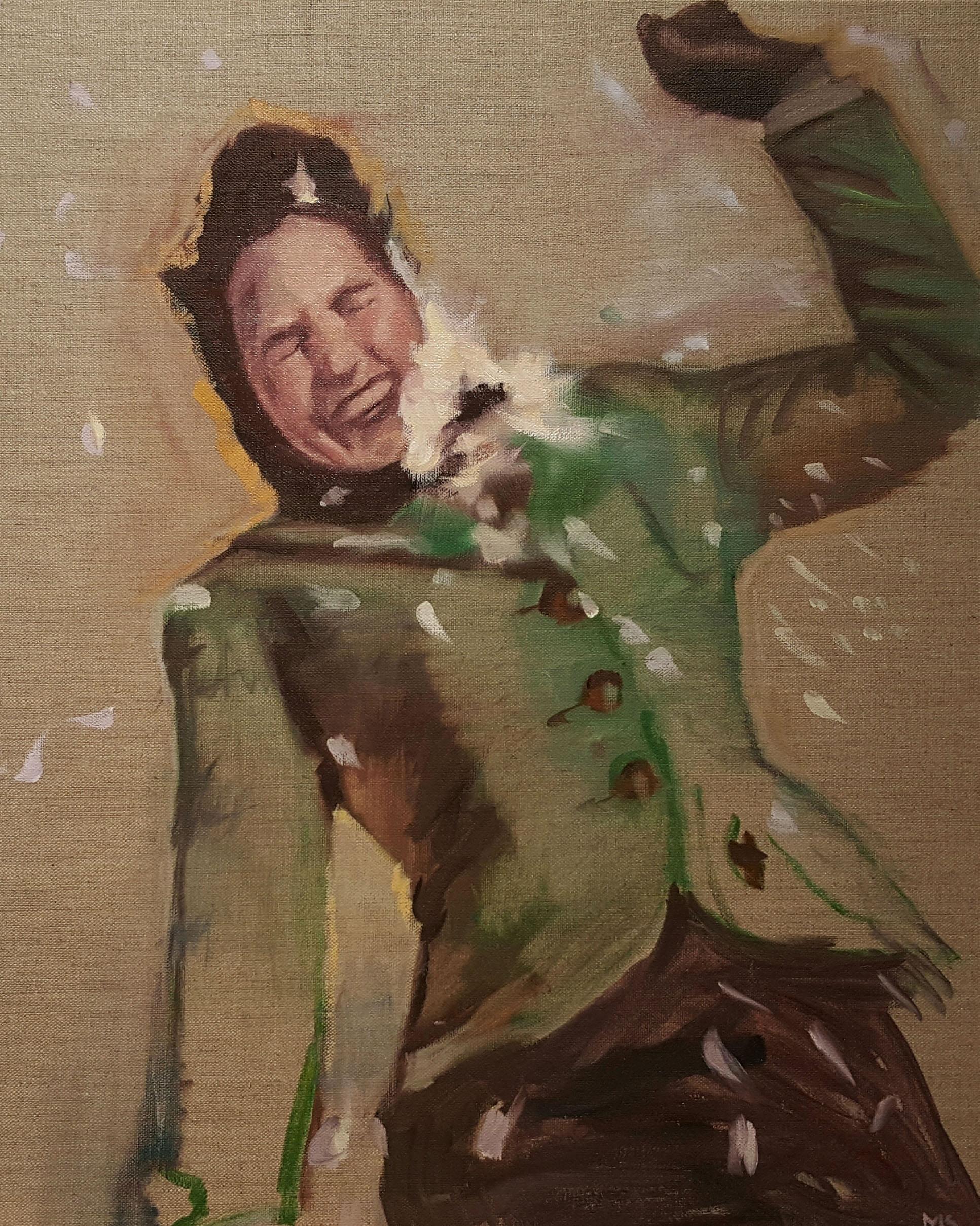 Ajoutez un peu de folie à votre maison avec "Bullseye" de Mary Sinner. Les boules de neige volent ! Cette pièce est une huile originale peinte sur du lin exposé. 
Mary Sinner est une jeune peintre qui sort des sentiers battus. Ses peintures