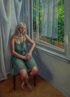 "Open" Lis Pardoe, figurative, original oil on aluminum panel, woman at window