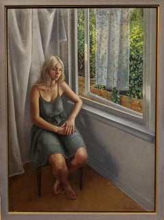 "Open" Lis Pardoe, figurative, original oil on aluminum panel, woman at window