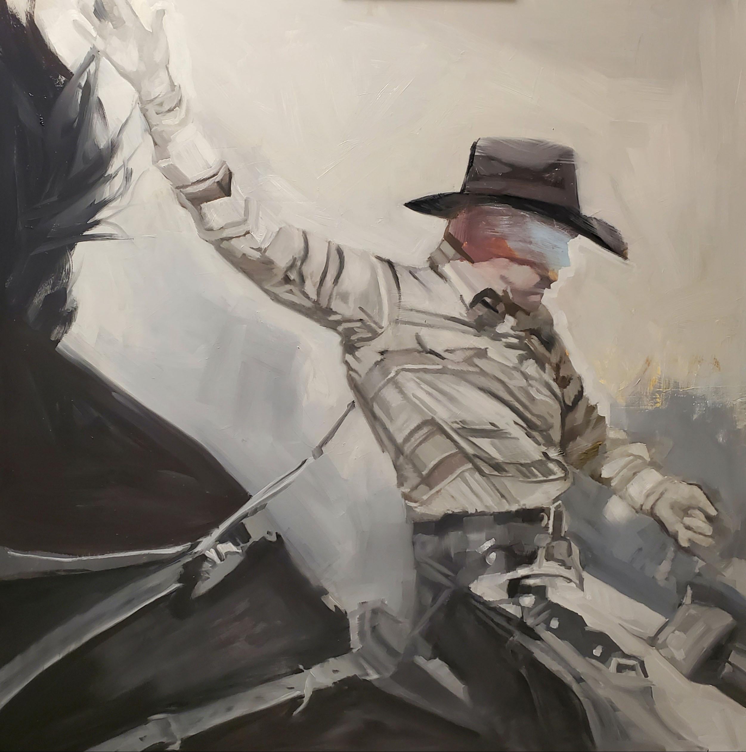 Figurative Painting Mary Sinner - ""Rodeo Man", Huile originale contemporaine de cowboy western Horse & Rider, gris