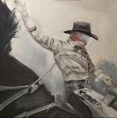 ""Rodeo Man", Huile originale contemporaine de cowboy western Horse & Rider, gris