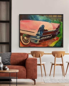 Plaid Wallpaper, Pink Car Retro, Original Oil Painting