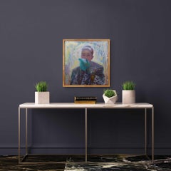 "Eating Snow" Oil Painting of a playful young woman in a leopard winter coat