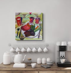 "Wallpaper Tablecloth", Original Oil Painting Still-Life by Mary Sinner, Food