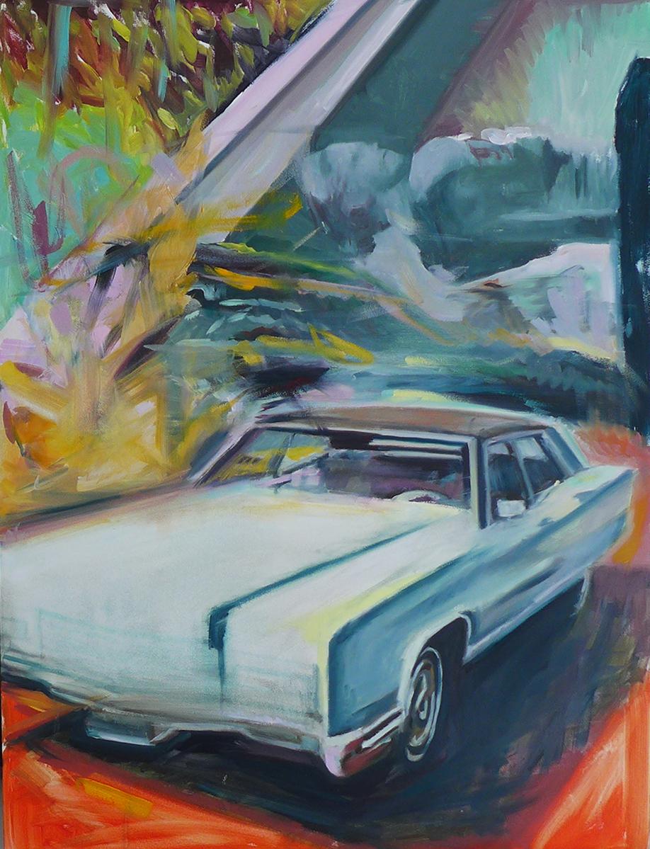 Mary Sinner Landscape Painting - "Lady Lincoln", Original Oil Painting with vintage pink FordLincoln Premiere Car